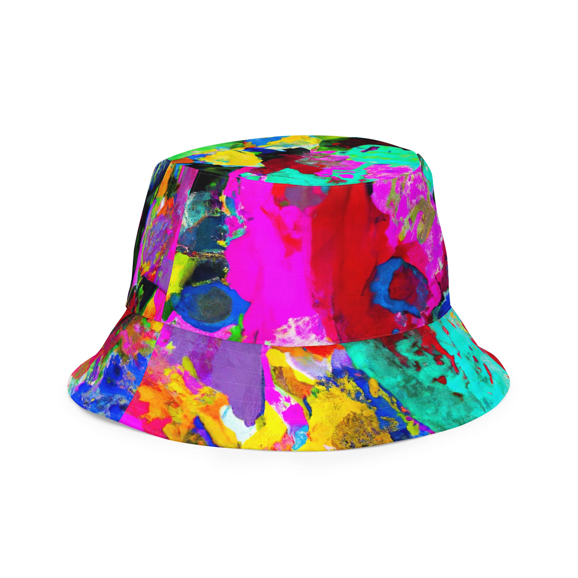 Reversible bucket hat featuring a vibrant red multicolor abstract print, showcasing its stylish design and breathable fabric.