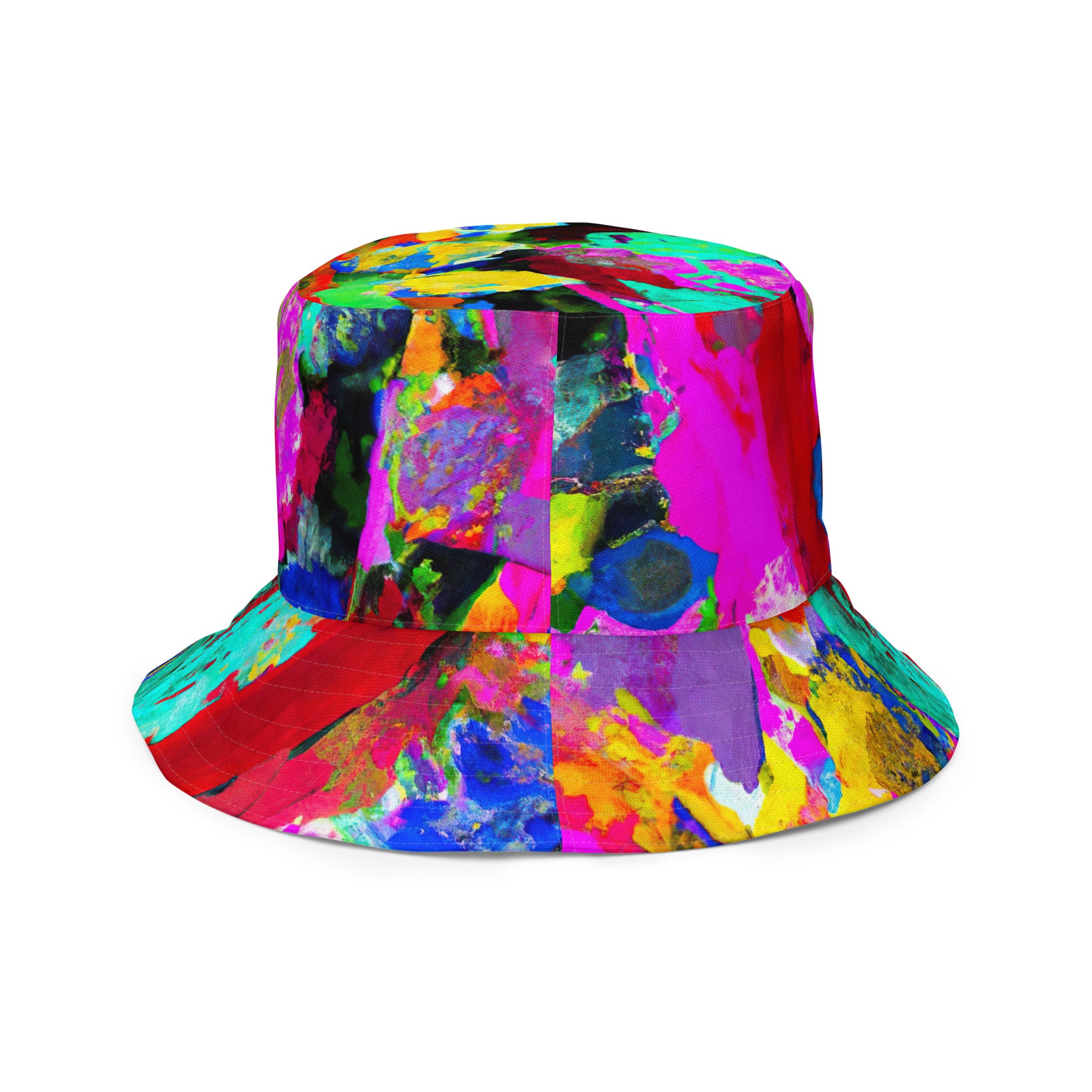 Reversible bucket hat featuring a vibrant red multicolor abstract print, showcasing its stylish design and breathable fabric.