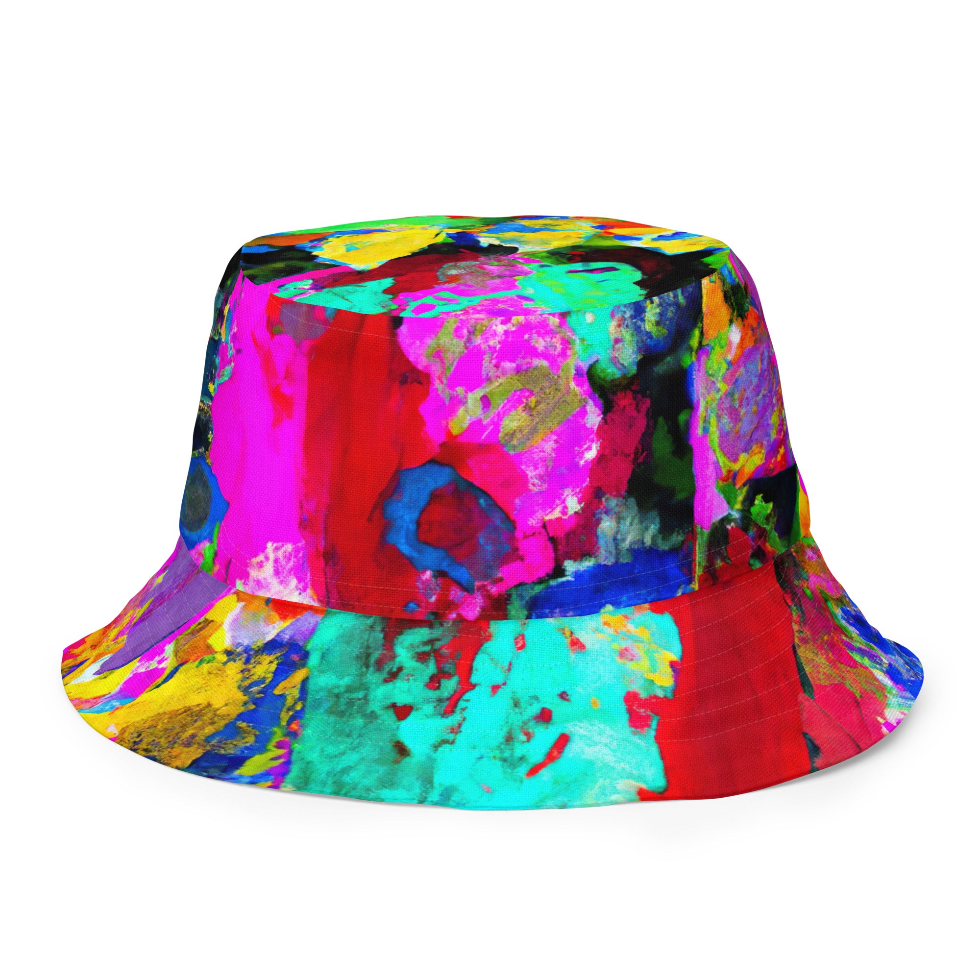 Reversible bucket hat featuring a vibrant red multicolor abstract print, showcasing its stylish design and breathable fabric.