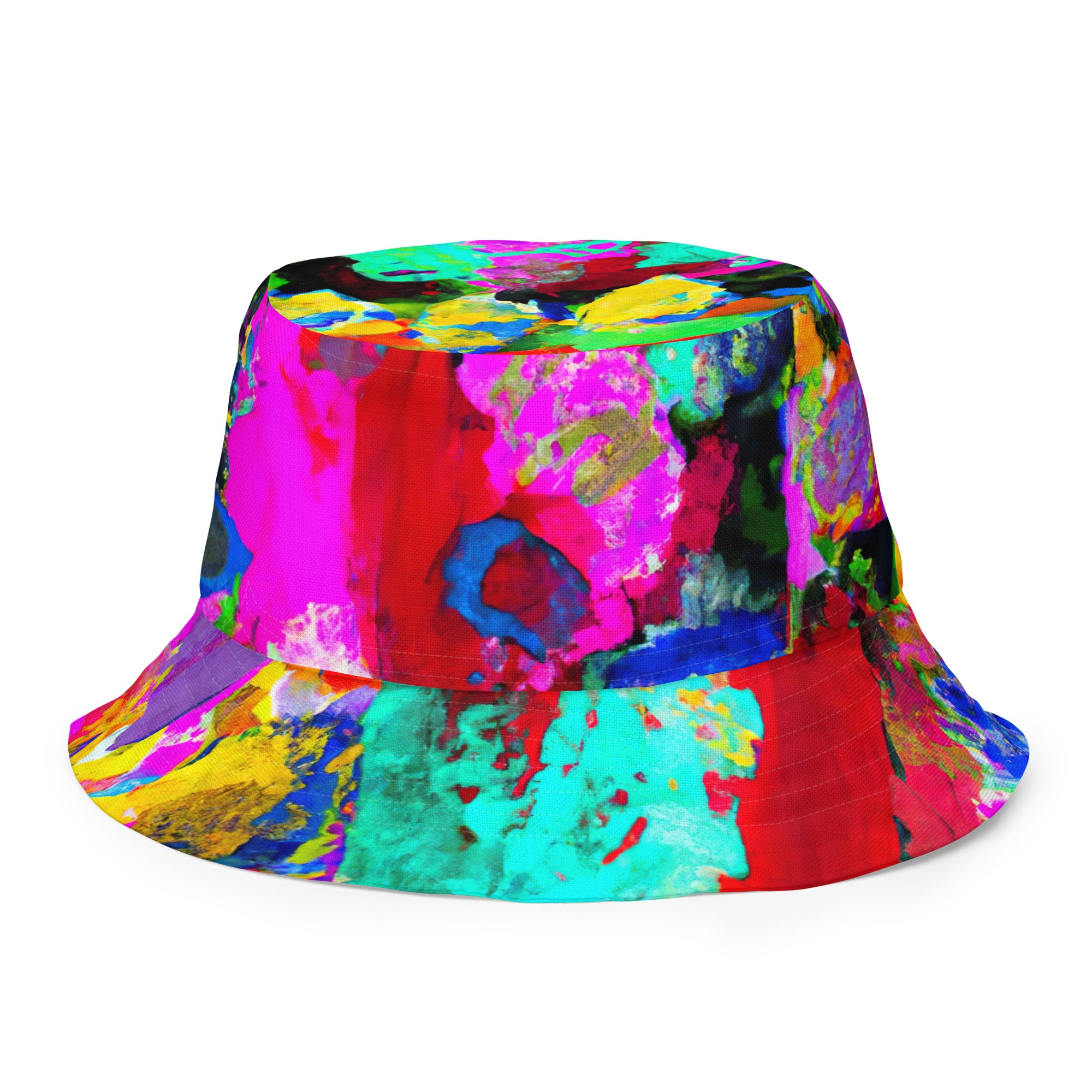 Reversible bucket hat featuring a vibrant red multicolor abstract print, showcasing its stylish design and breathable fabric.