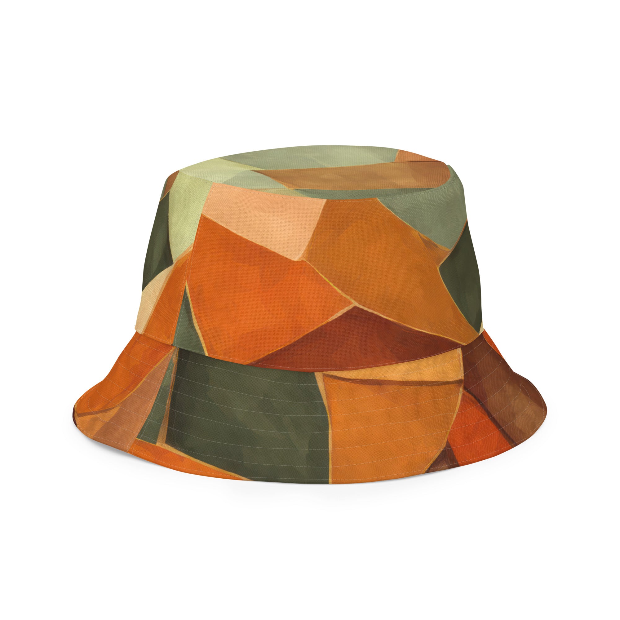 Reversible bucket hat featuring a rustic red abstract pattern, showcasing its stylish design and breathable fabric.