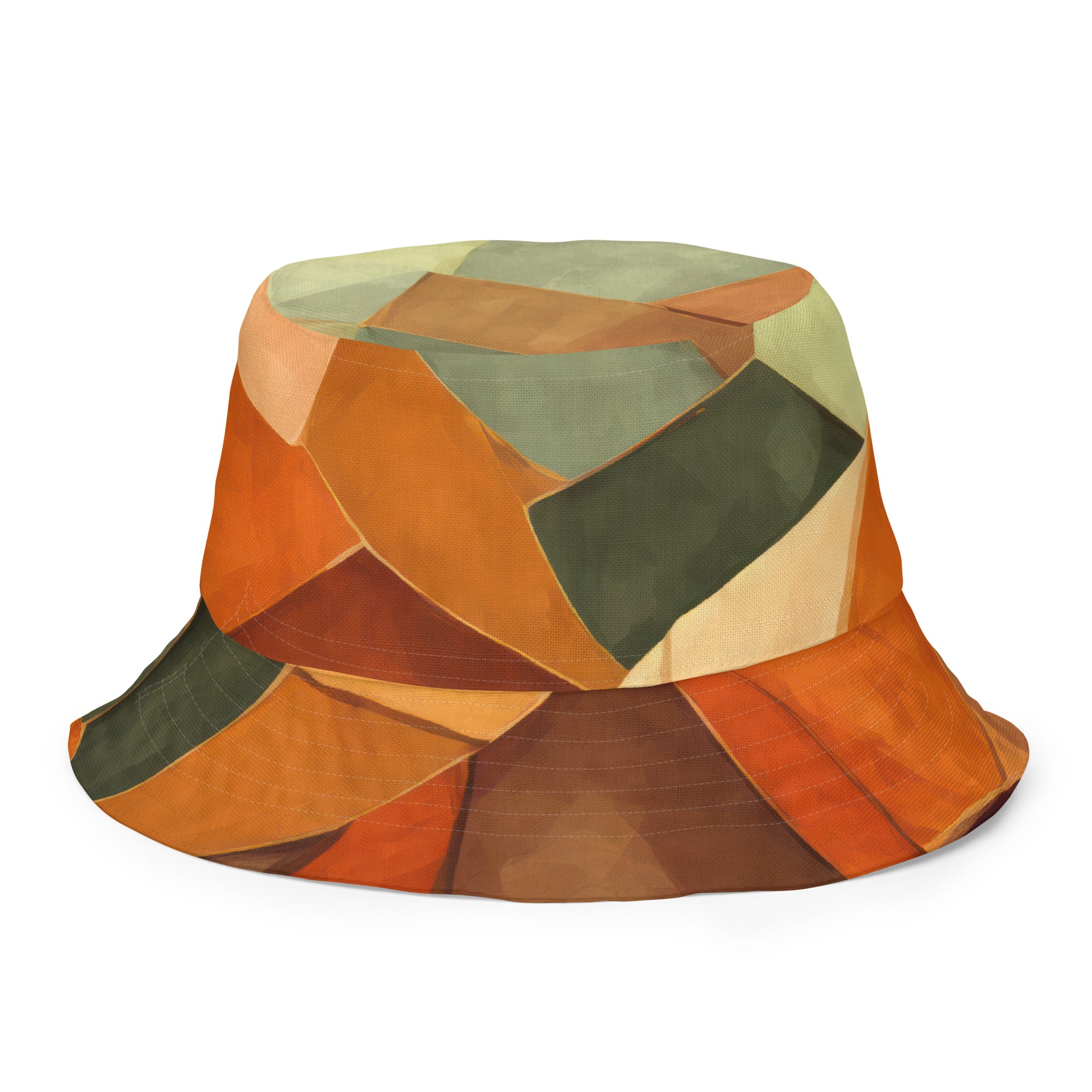 Reversible bucket hat featuring a rustic red abstract pattern, showcasing its stylish design and breathable fabric.
