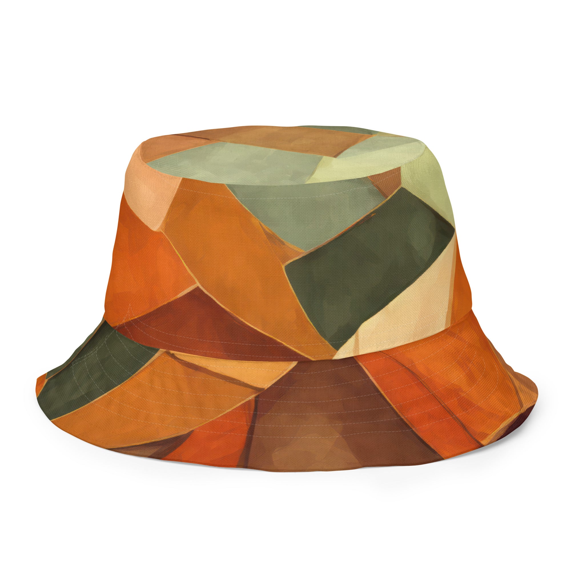 Reversible bucket hat featuring a rustic red abstract pattern, showcasing its stylish design and breathable fabric.