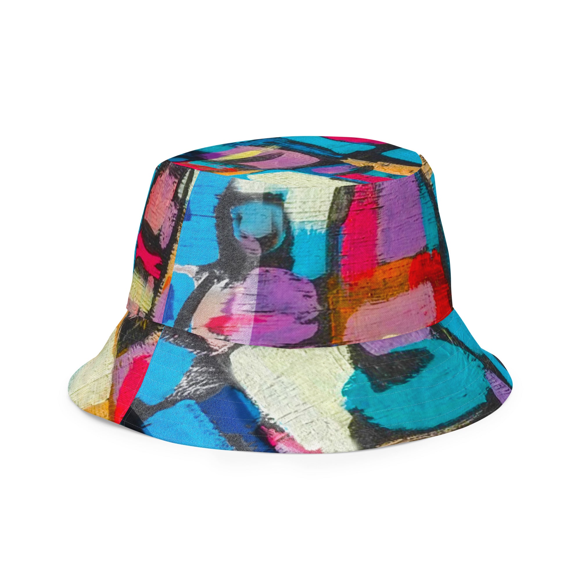 Sutileza Reversible Bucket Hat featuring a vibrant red multicolor abstract print, showcasing its stylish design and premium fabric.