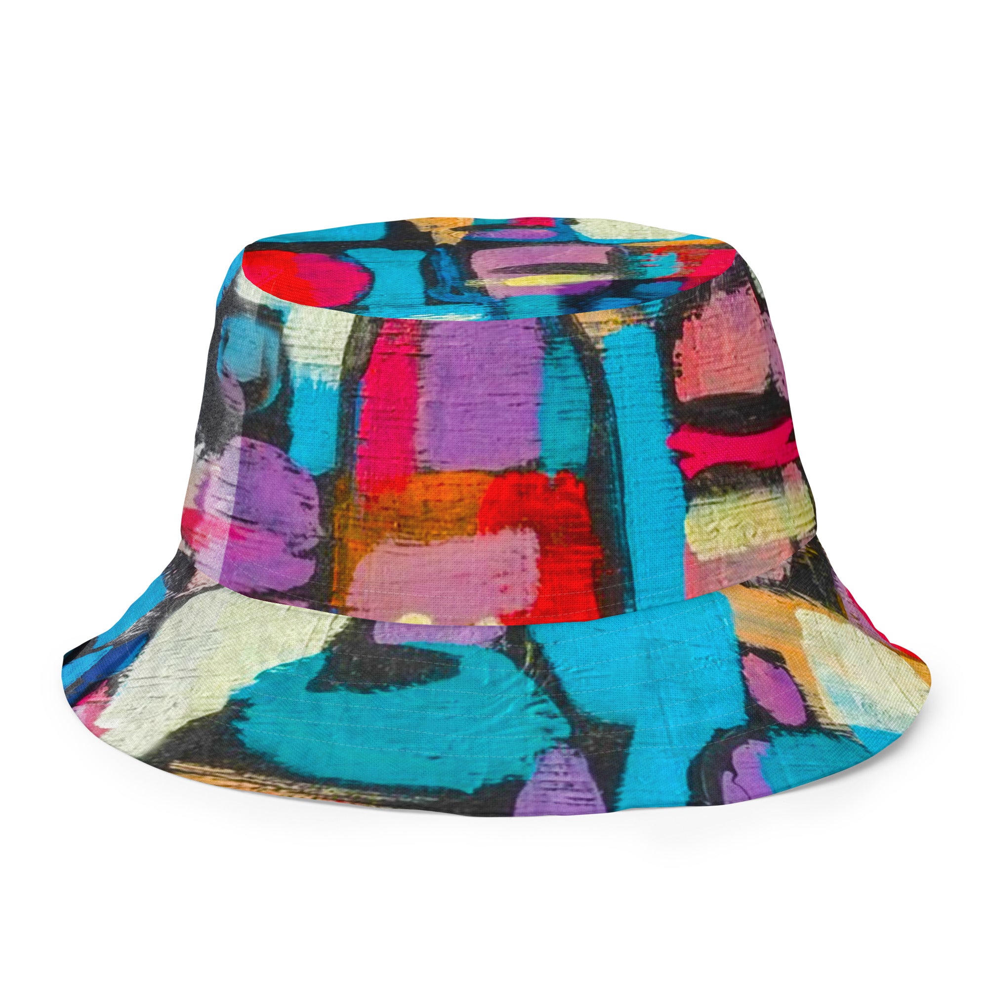 Sutileza Reversible Bucket Hat featuring a vibrant red multicolor abstract print, showcasing its stylish design and premium fabric.