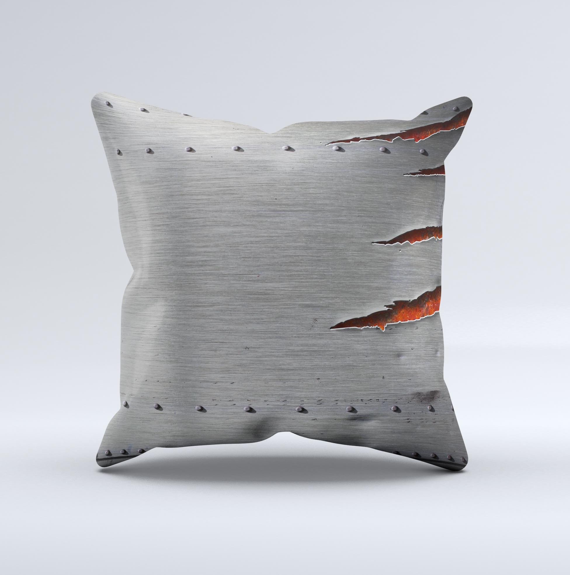Ripped Red-Core Metal Ink-Fuzed Decorative Throw Pillow showcasing vibrant colors and unique handcrafted design.