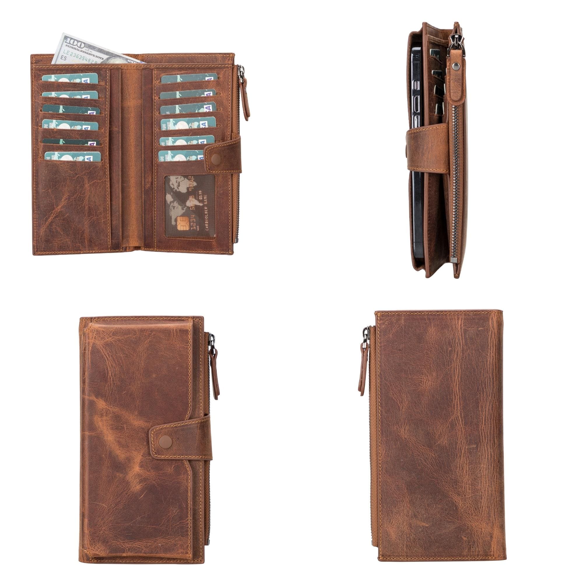 Riverton Women's Leather Wallet showcasing premium leather, multiple card slots, a zippered coin pocket, and a cell phone section.