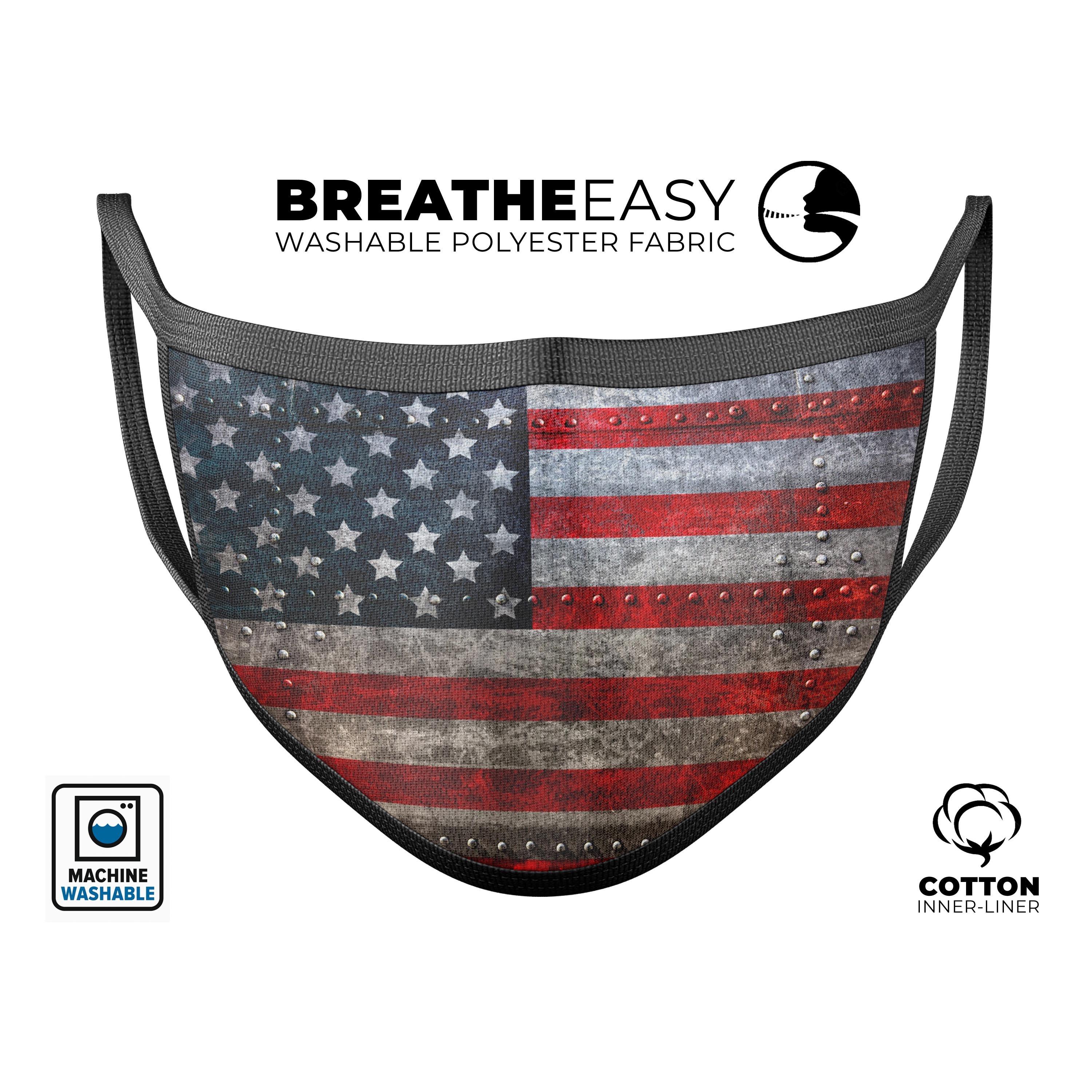 Riveted Metal American Flag mouth cover, showcasing vibrant colors and adjustable ear-loops, made in the USA.