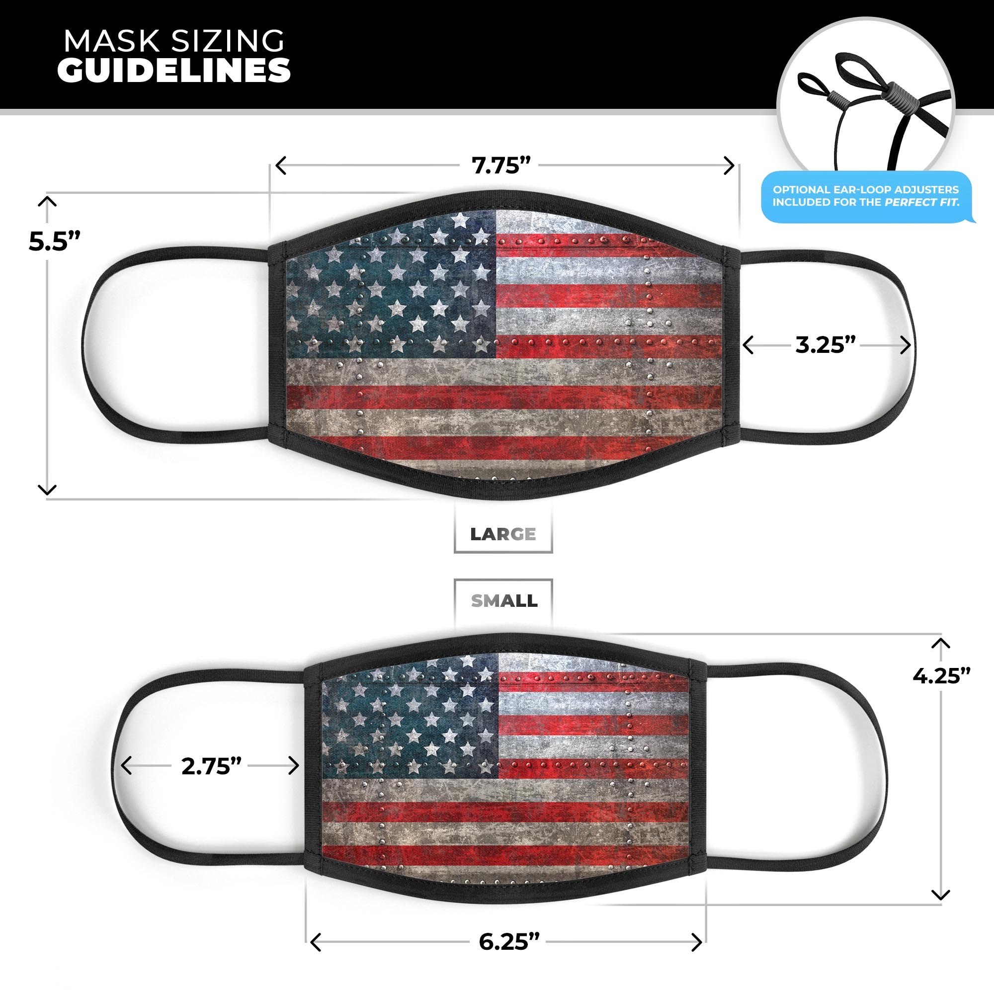 Riveted Metal American Flag mouth cover, showcasing vibrant colors and adjustable ear-loops, made in the USA.