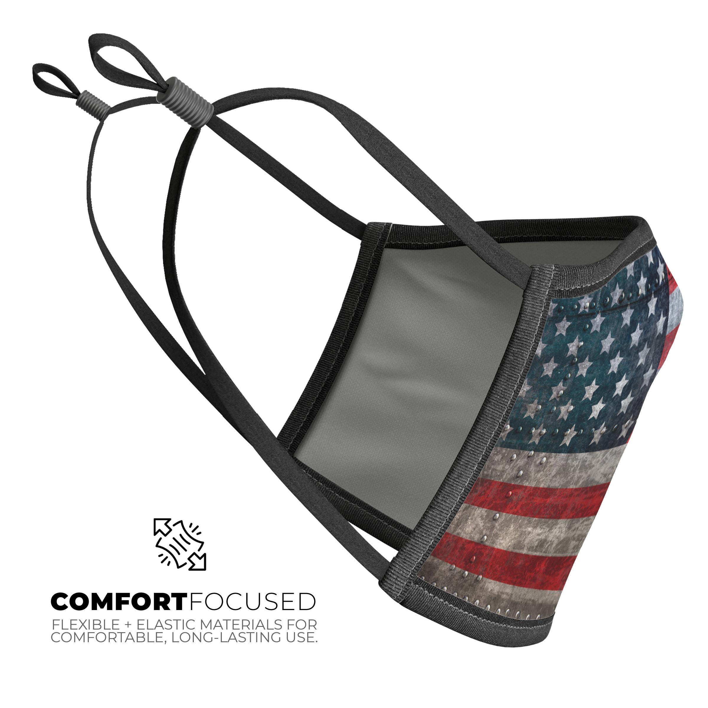 Riveted Metal American Flag mouth cover, showcasing vibrant colors and adjustable ear-loops, made in the USA.