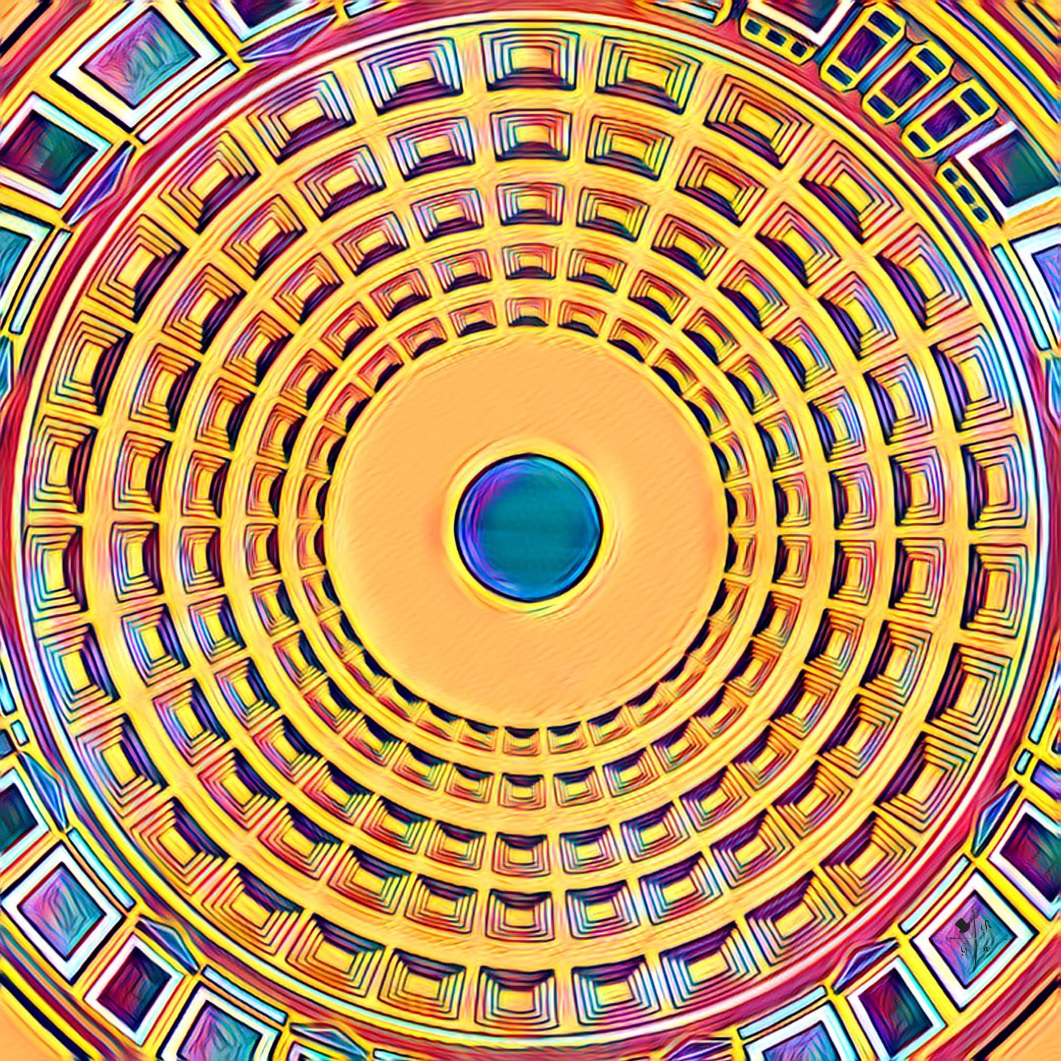 A vibrant silk pocket square featuring the Pantheon ceiling design in shades of yellow, gold, pink, blue, and purple.