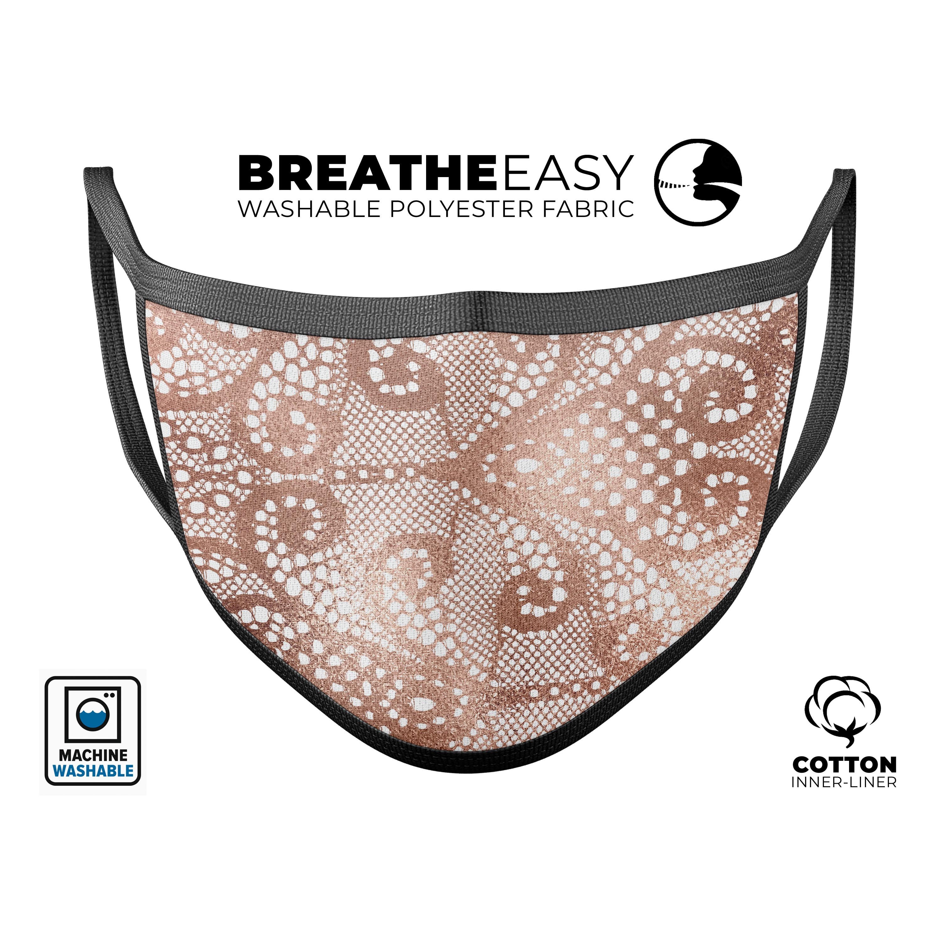 Rose Gold Lace Pattern mouth cover, featuring a stylish design with adjustable ear loops for a comfortable fit.