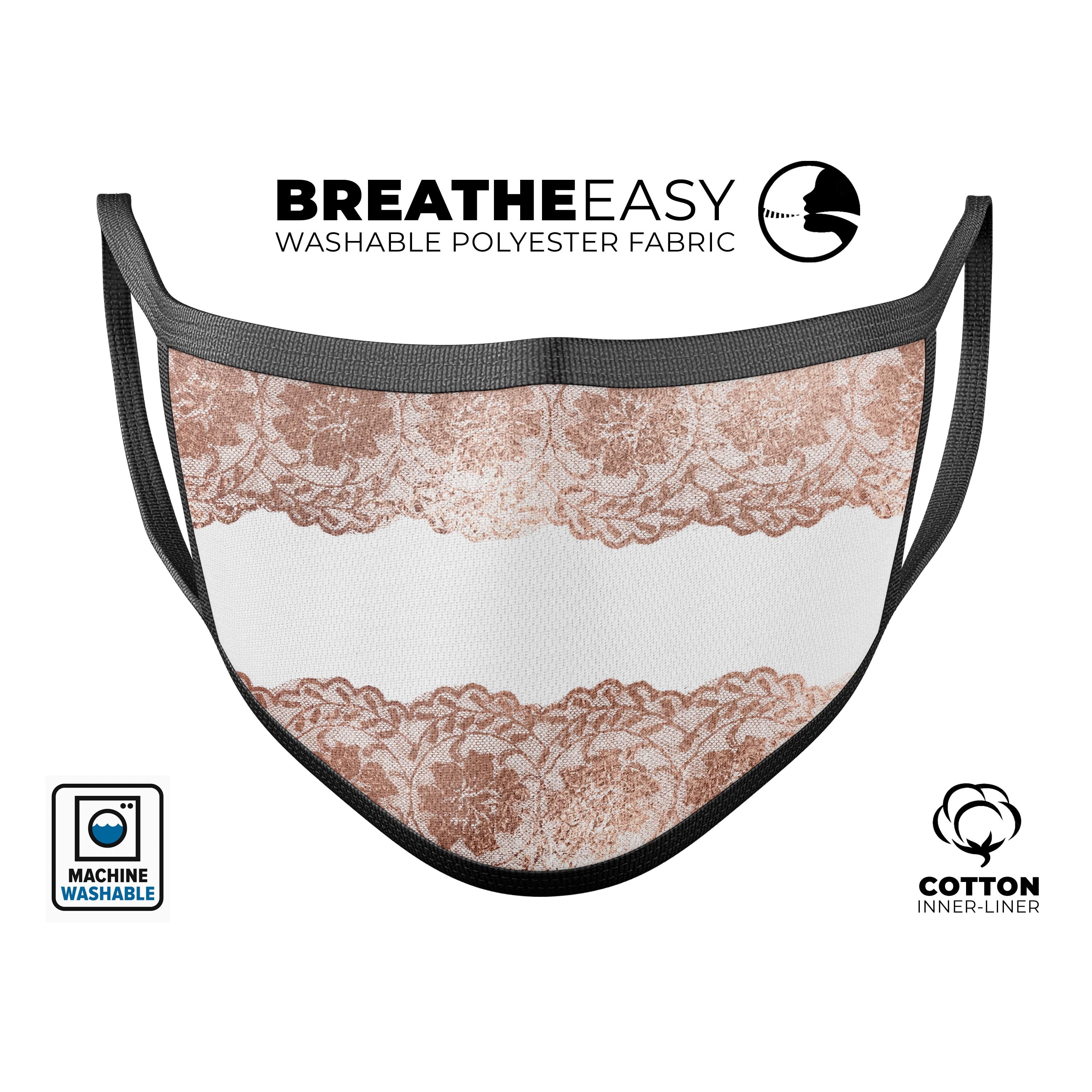 Rose Gold Lace Pattern 11 Mouth Cover, showcasing a stylish lace design with adjustable ear loops, made in the USA.
