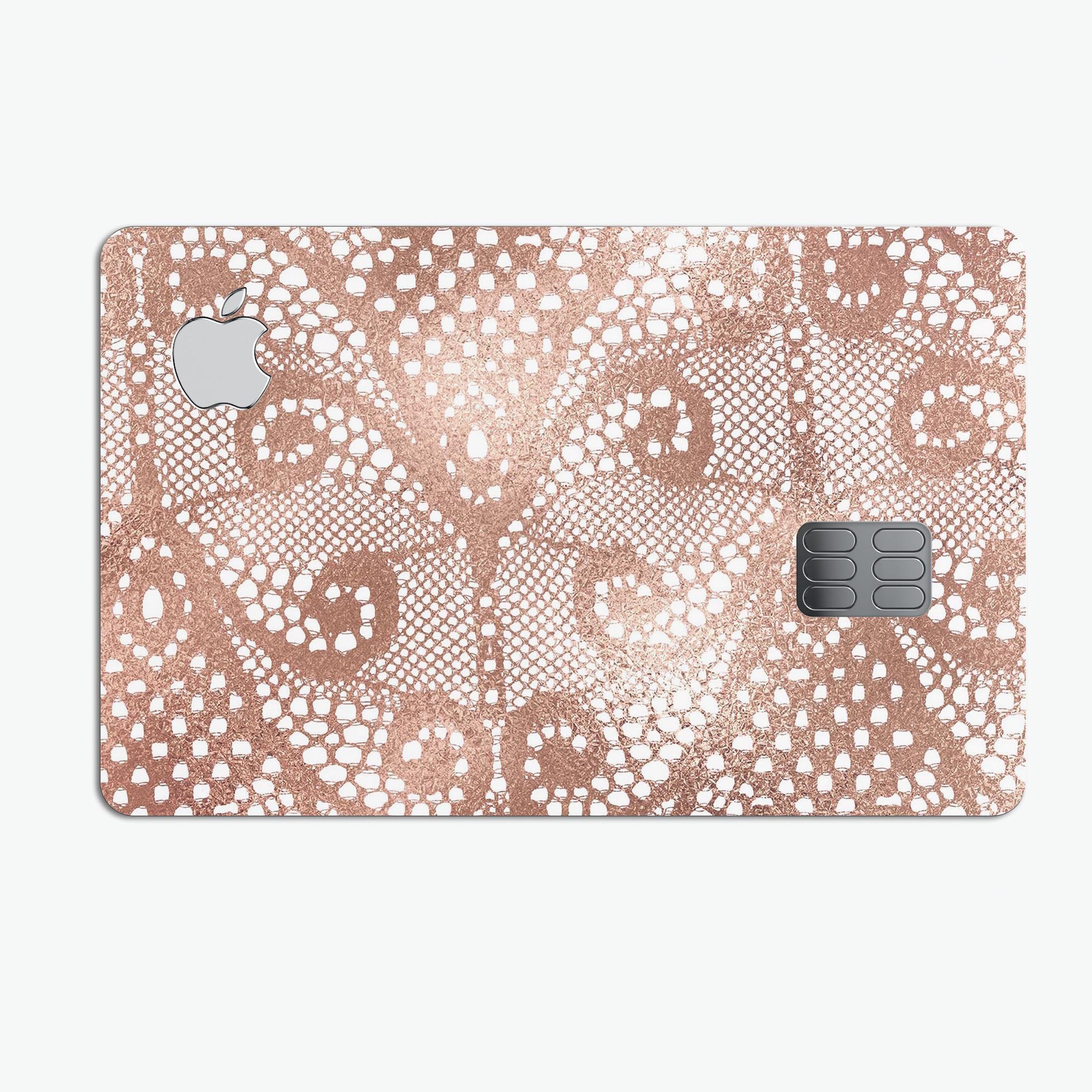 Rose Gold Lace Pattern Premium Protective Decal Skin-Kit for Apple Card, showcasing intricate lace design and premium vinyl material.