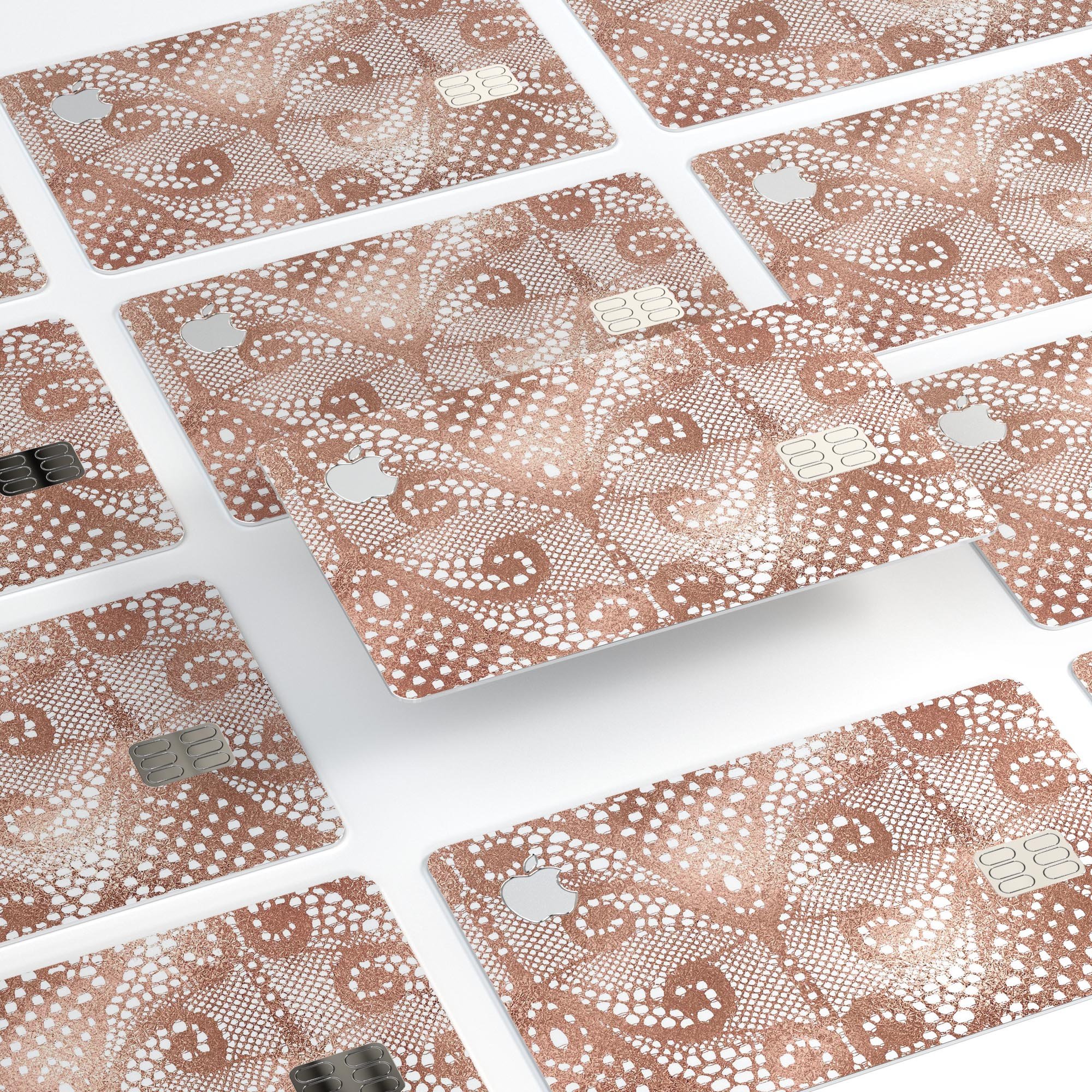 Rose Gold Lace Pattern Premium Protective Decal Skin-Kit for Apple Card, showcasing intricate lace design and premium vinyl material.