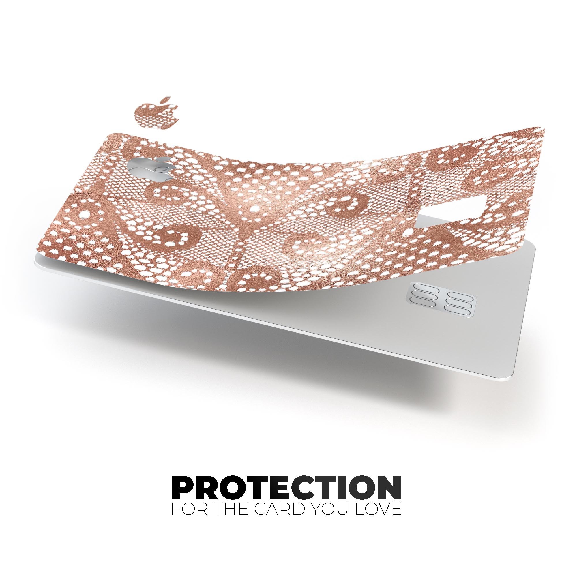 Rose Gold Lace Pattern Premium Protective Decal Skin-Kit for Apple Card, showcasing intricate lace design and premium vinyl material.