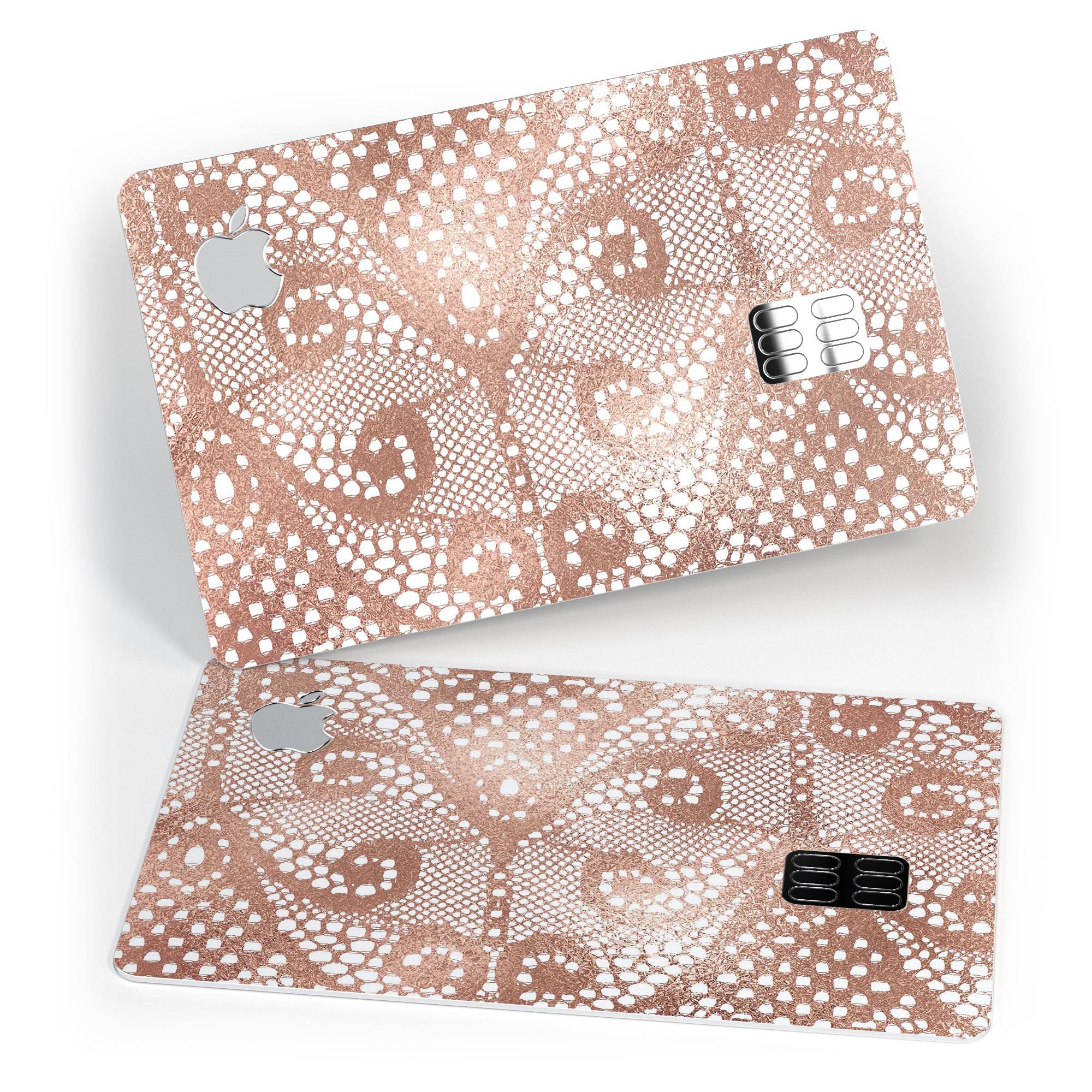 Rose Gold Lace Pattern Premium Protective Decal Skin-Kit for Apple Card, showcasing intricate lace design and premium vinyl material.