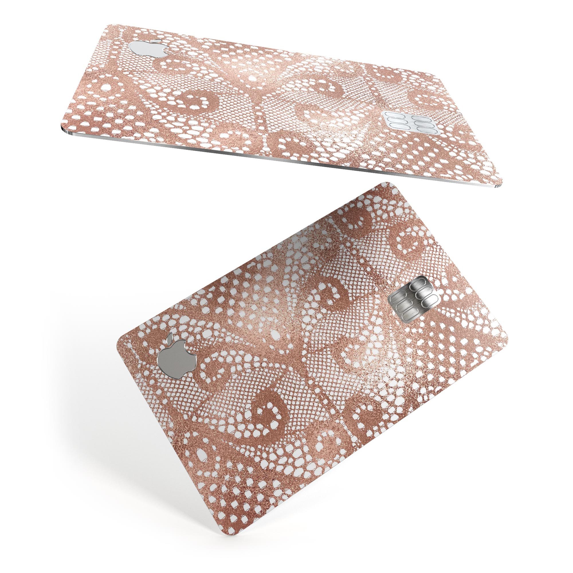 Rose Gold Lace Pattern Premium Protective Decal Skin-Kit for Apple Card, showcasing intricate lace design and premium vinyl material.