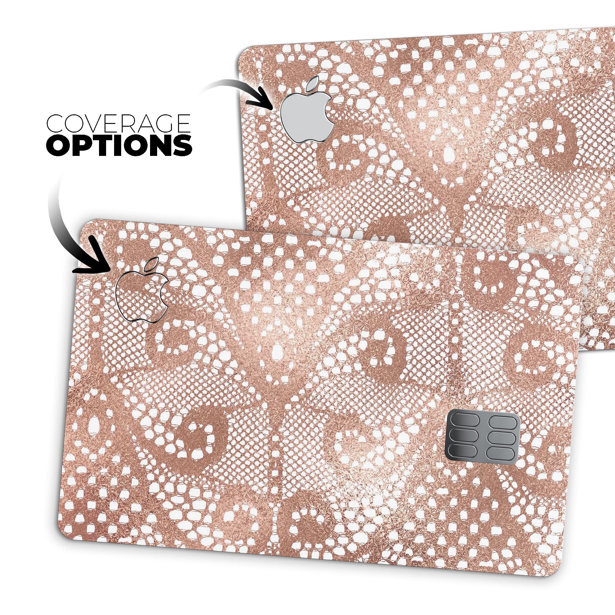 Rose Gold Lace Pattern Premium Protective Decal Skin-Kit for Apple Card, showcasing intricate lace design and premium vinyl material.