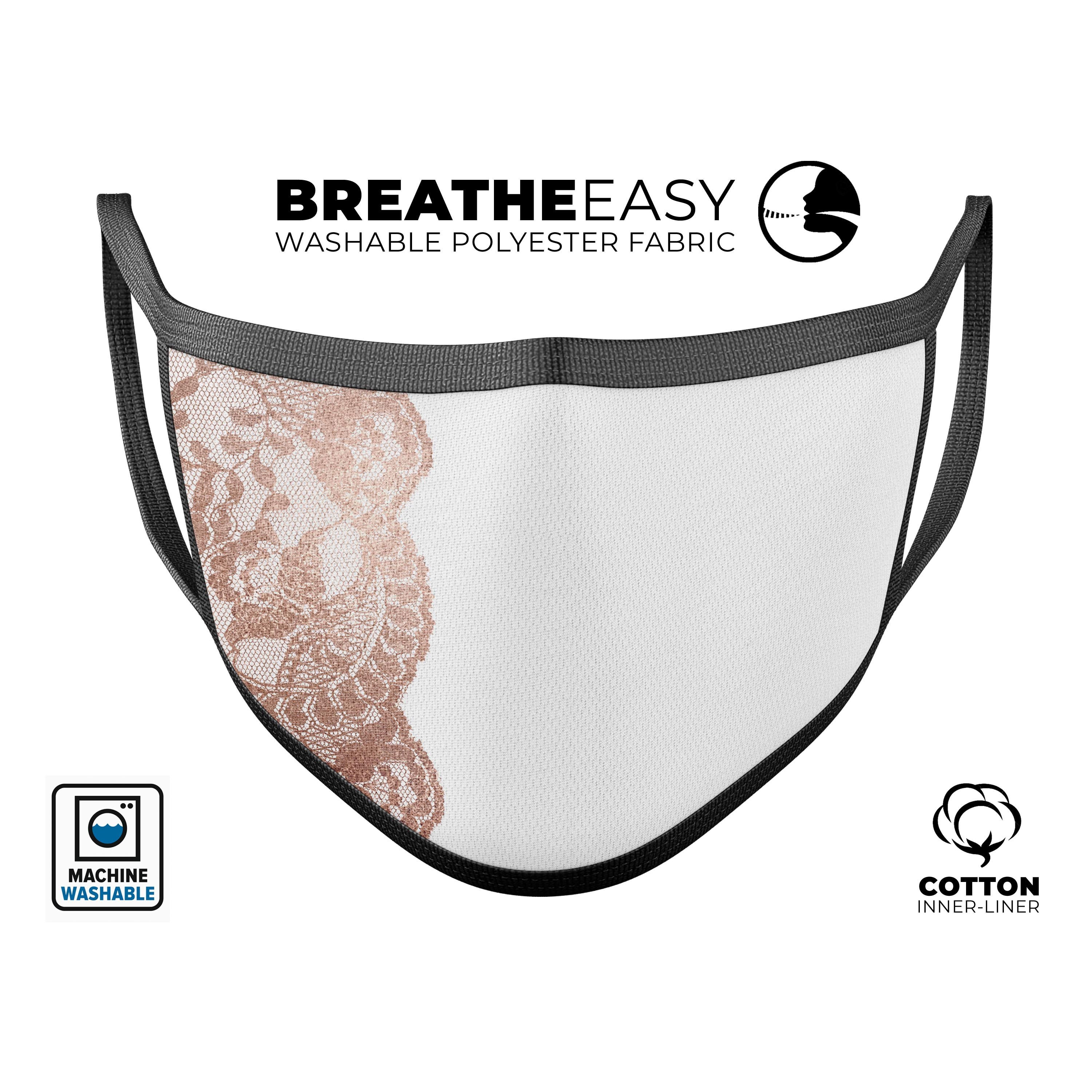Rose Gold Lace Pattern mouth cover, showcasing intricate lace design and adjustable ear loops, made in the USA.