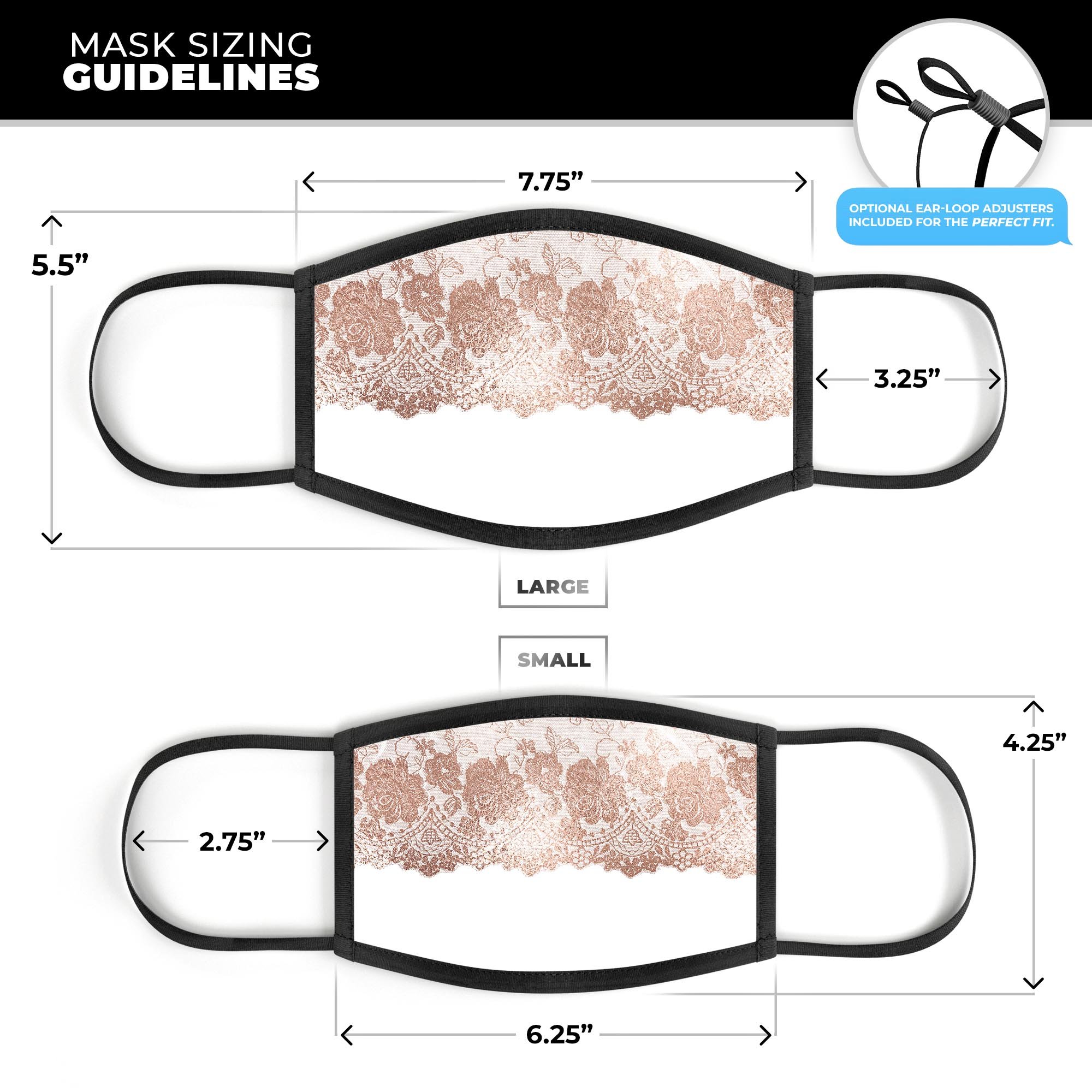 Rose Gold Lace Pattern 13 mouth cover, featuring a stylish lace design, adjustable ear loops, and a comfortable cotton interior.