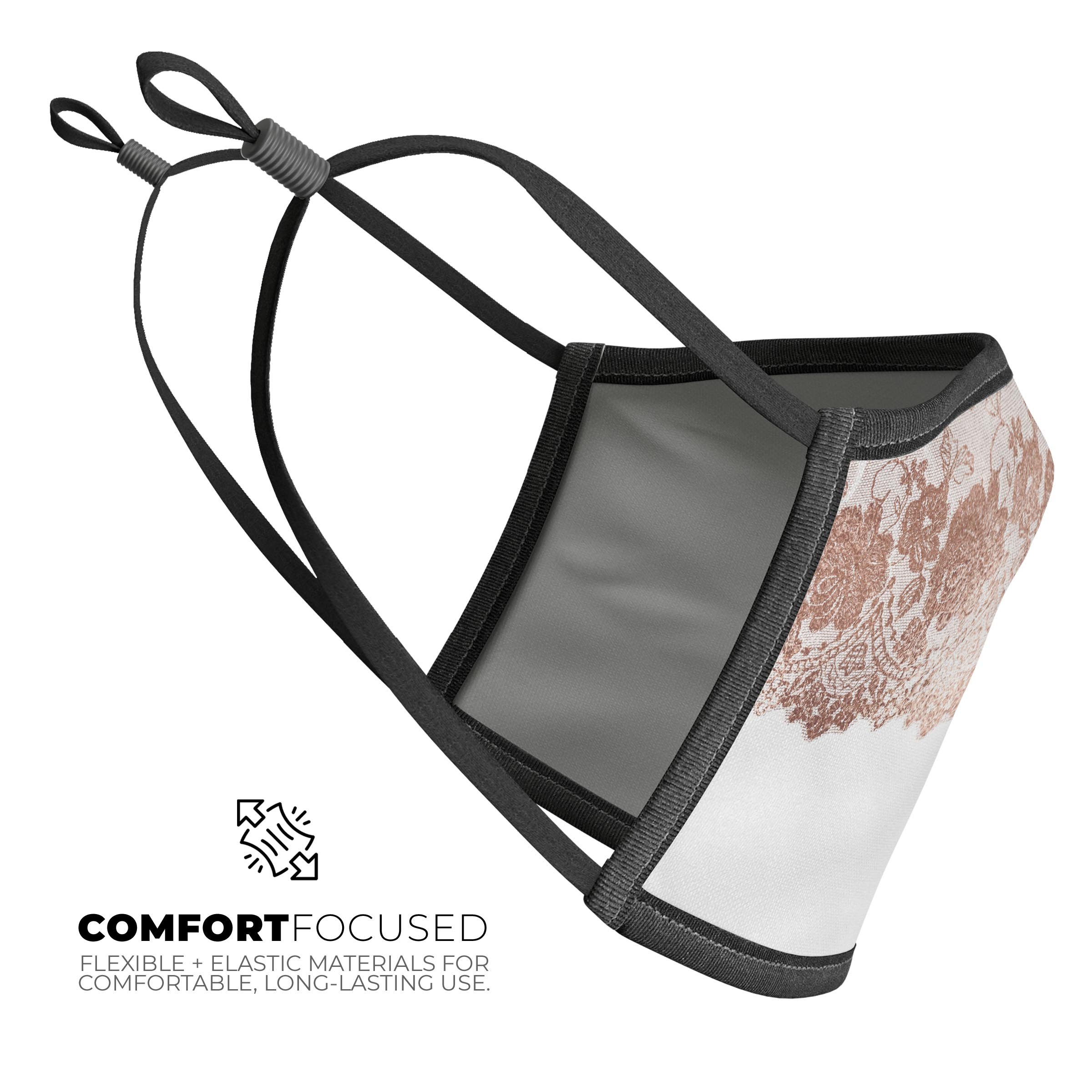 Rose Gold Lace Pattern 13 mouth cover, featuring a stylish lace design, adjustable ear loops, and a comfortable cotton interior.