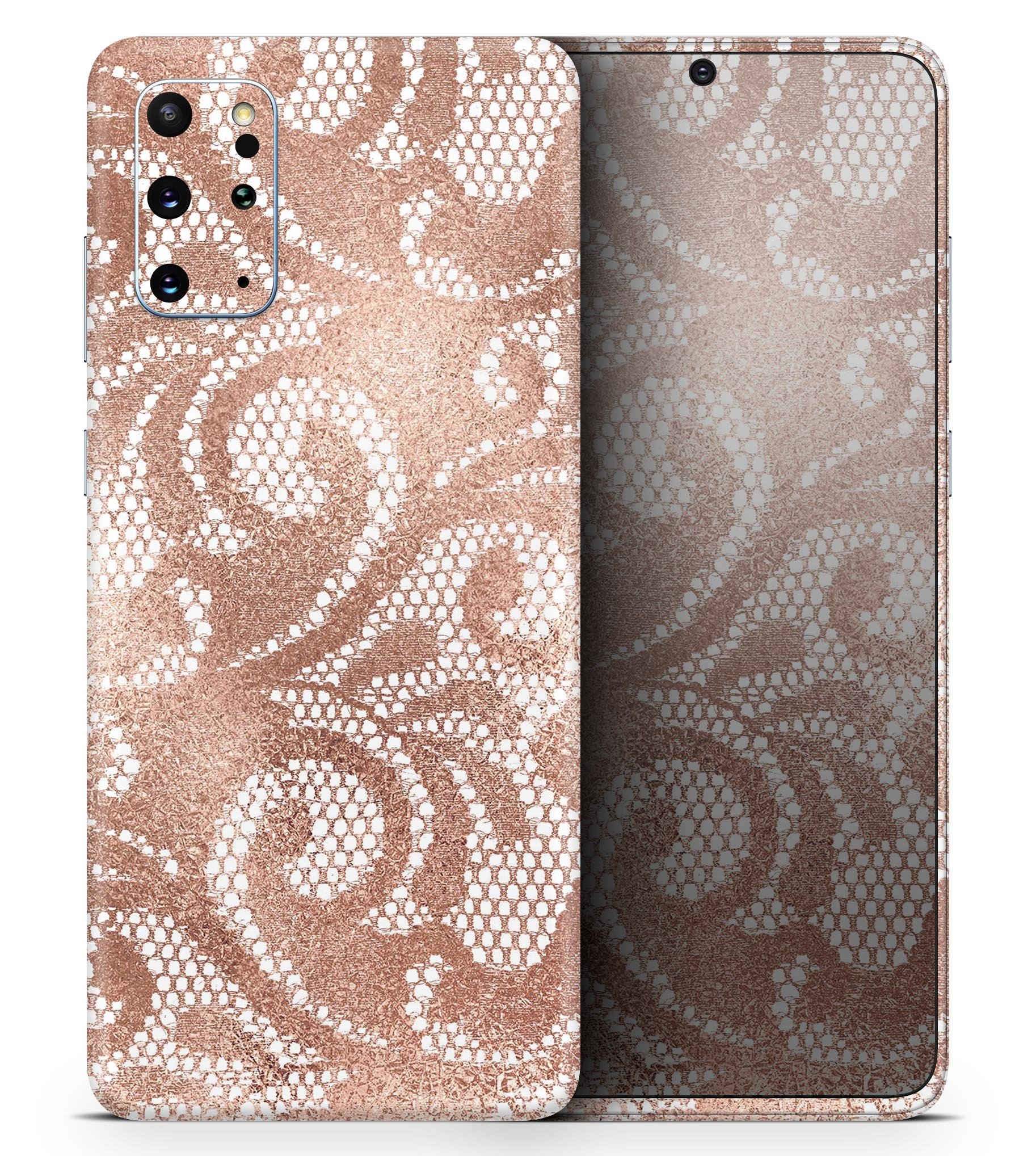 Rose Gold Lace Pattern Skin-Kit for Samsung Galaxy S-Series, showcasing intricate lace design on a sleek vinyl surface.