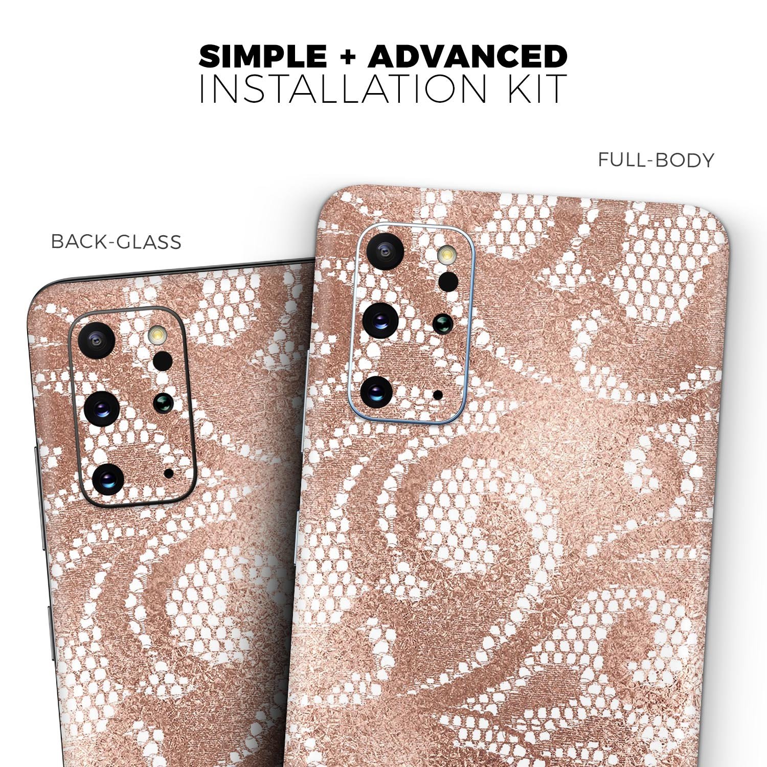 Rose Gold Lace Pattern Skin-Kit for Samsung Galaxy S-Series, showcasing intricate lace design on a sleek vinyl surface.