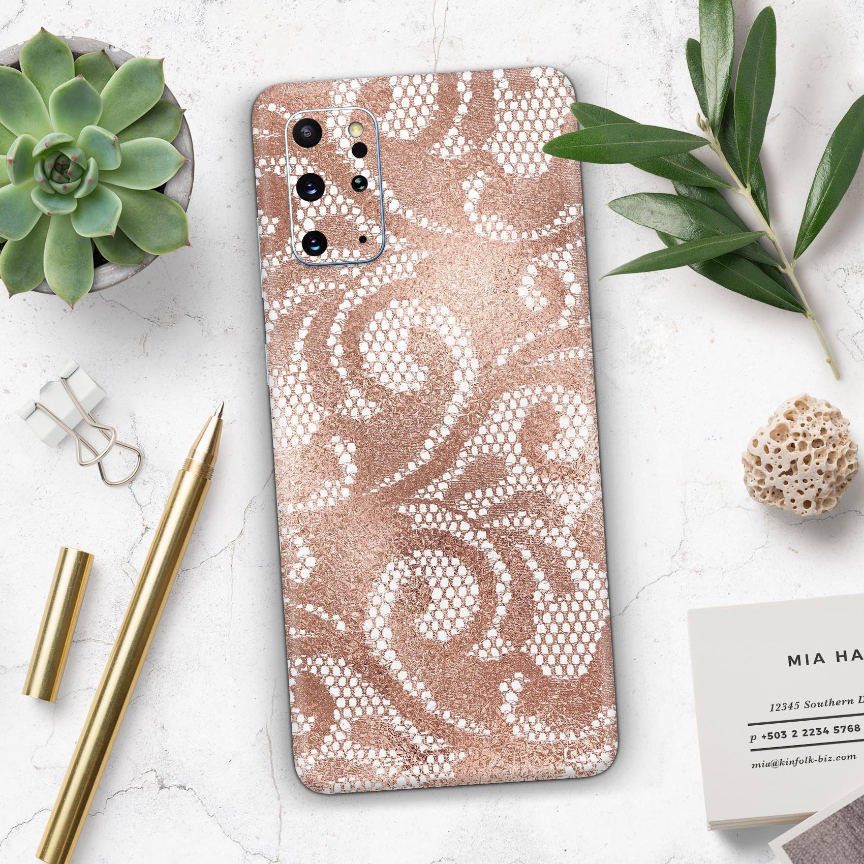 Rose Gold Lace Pattern Skin-Kit for Samsung Galaxy S-Series, showcasing intricate lace design on a sleek vinyl surface.