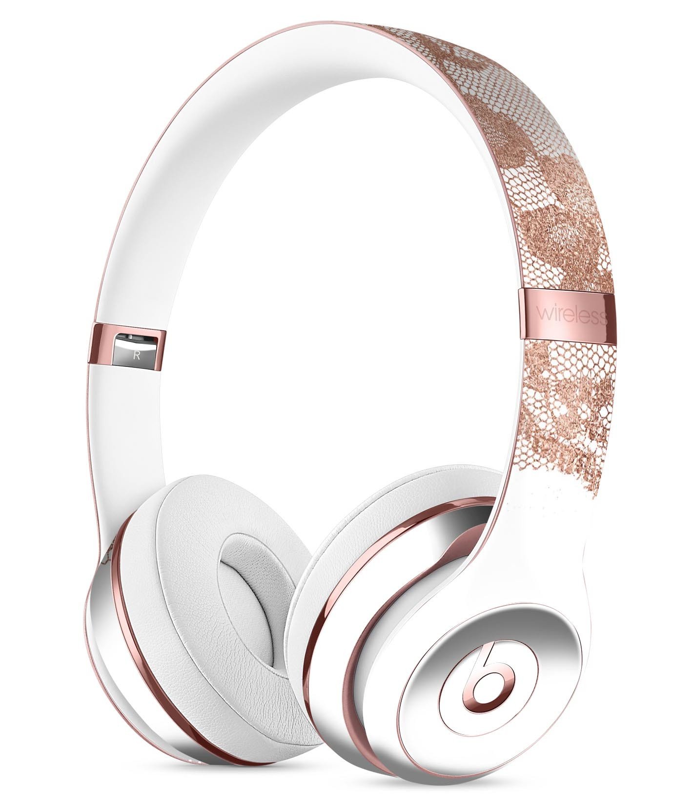Rose Gold Lace Pattern Skin Kit for Beats by Dre Solo 3 Wireless Headphones, showcasing a stylish design with protective features.