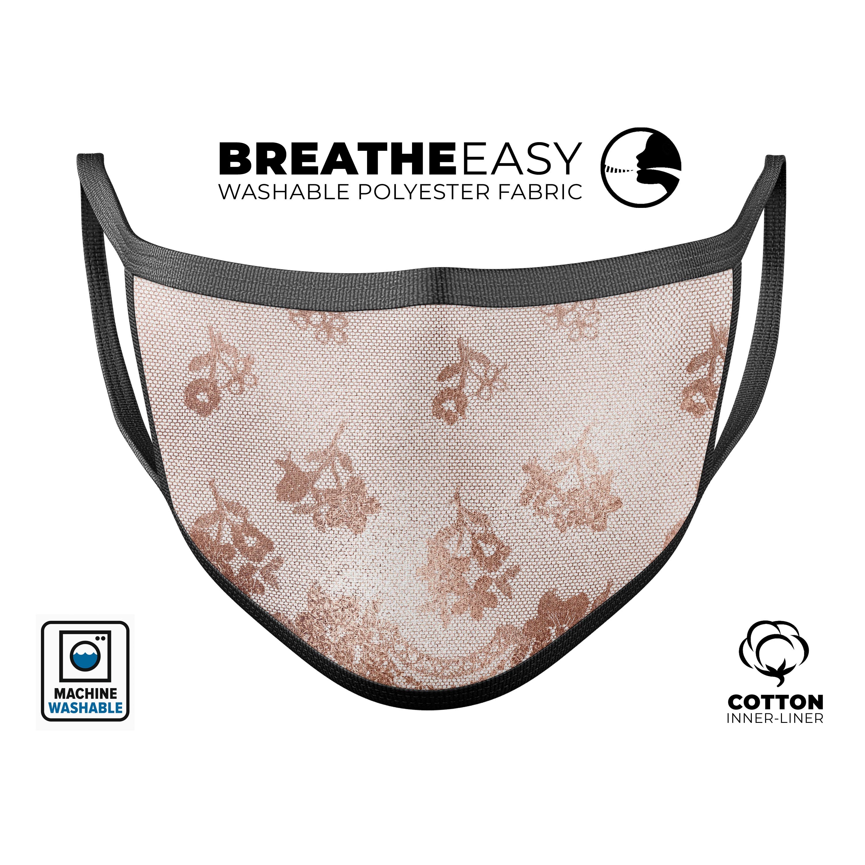 Rose Gold Lace Pattern 3D mouth cover, unisex design, made in the USA, featuring adjustable ear loops and soft cotton interior.