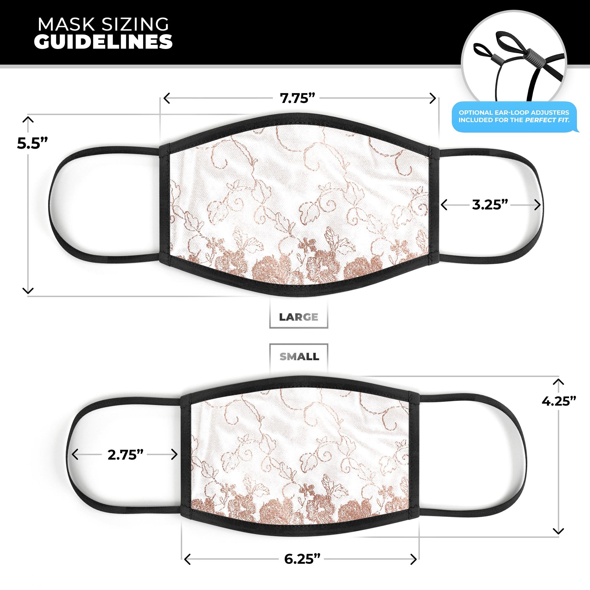 Rose Gold Lace Pattern 4 mouth cover, showcasing intricate lace design and adjustable ear loops, made in the USA.