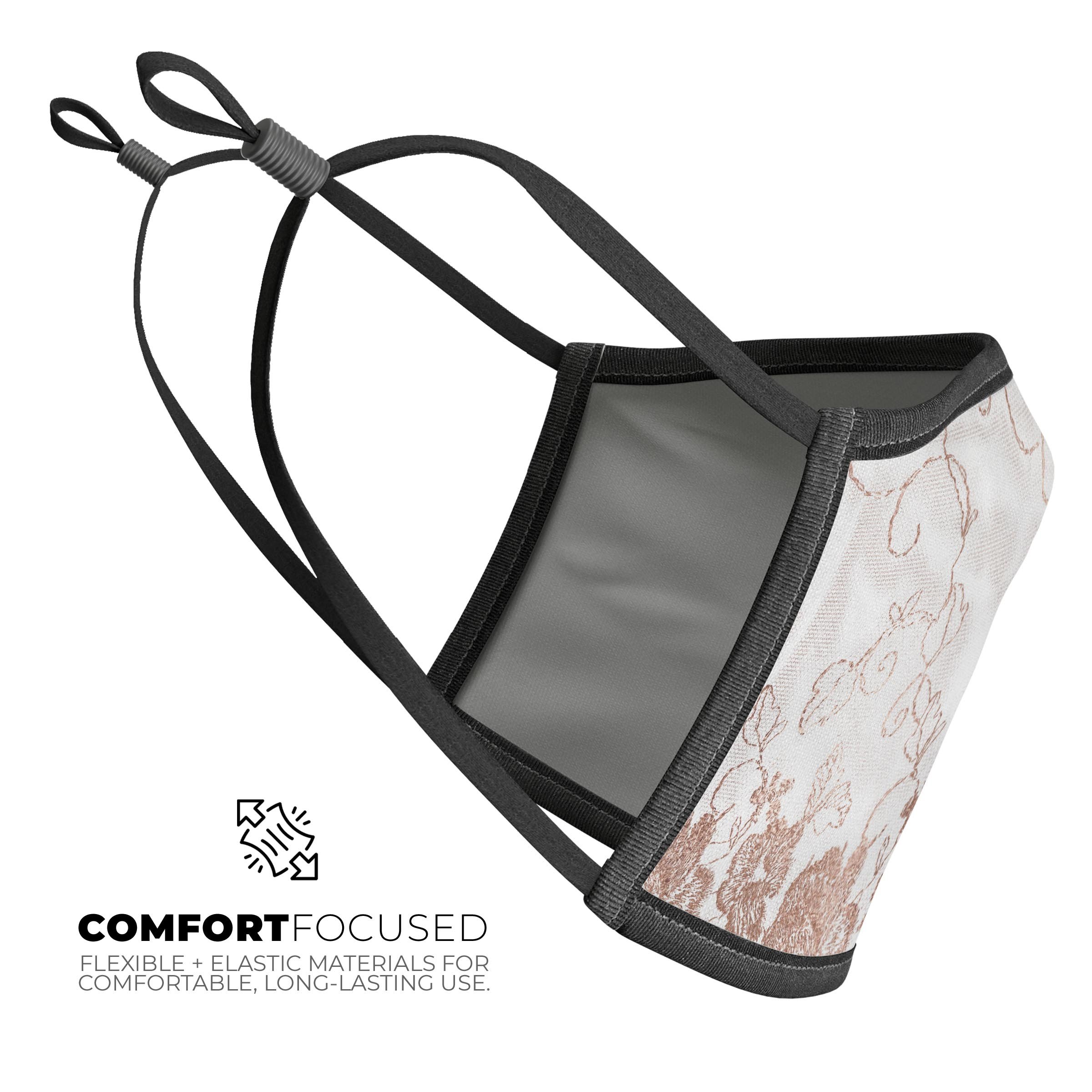 Rose Gold Lace Pattern 4 mouth cover, showcasing intricate lace design and adjustable ear loops, made in the USA.