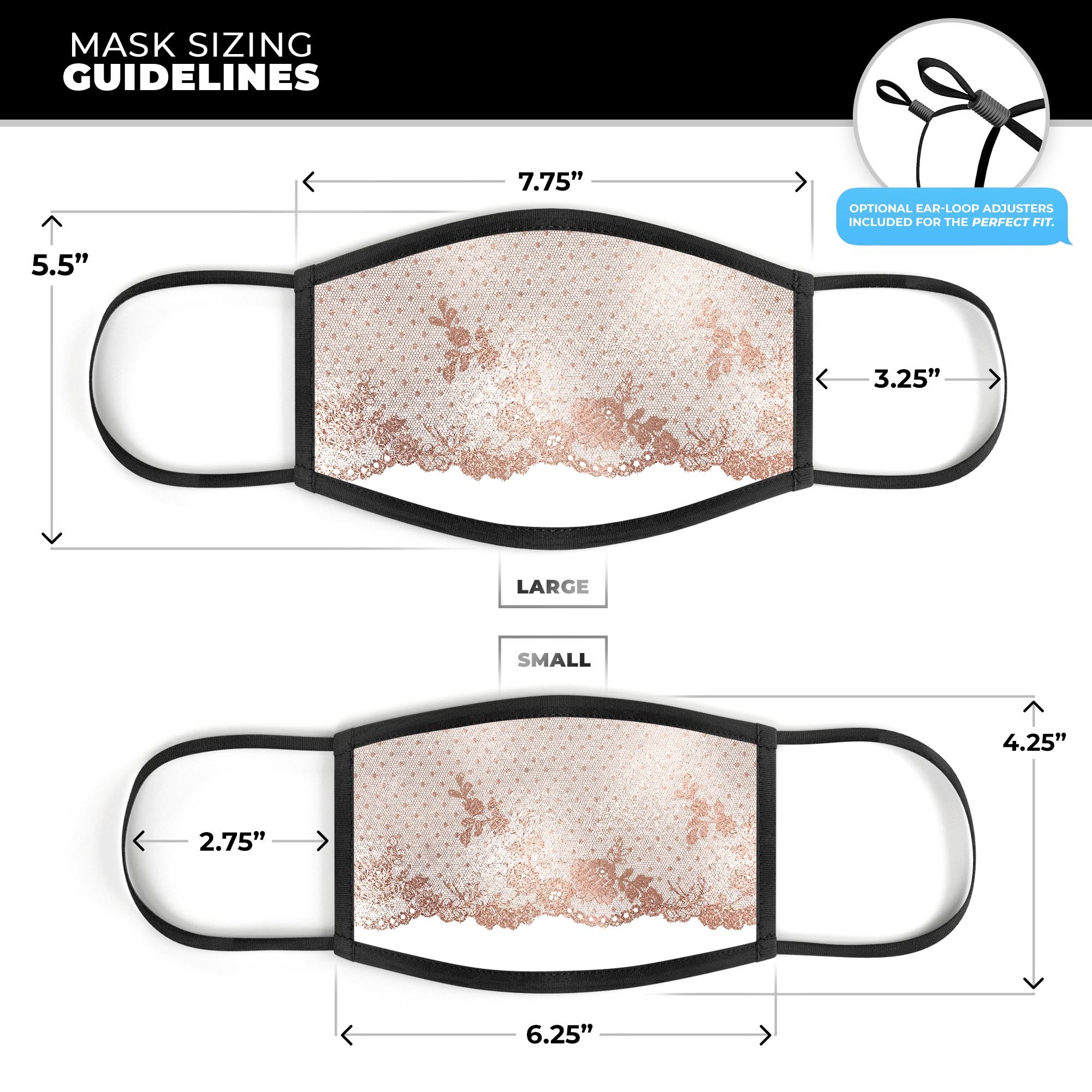 Rose Gold Lace Pattern 6 Mouth Cover, unisex anti-dust mask made in the USA, featuring adjustable ear-loops and a comfortable cotton interior.