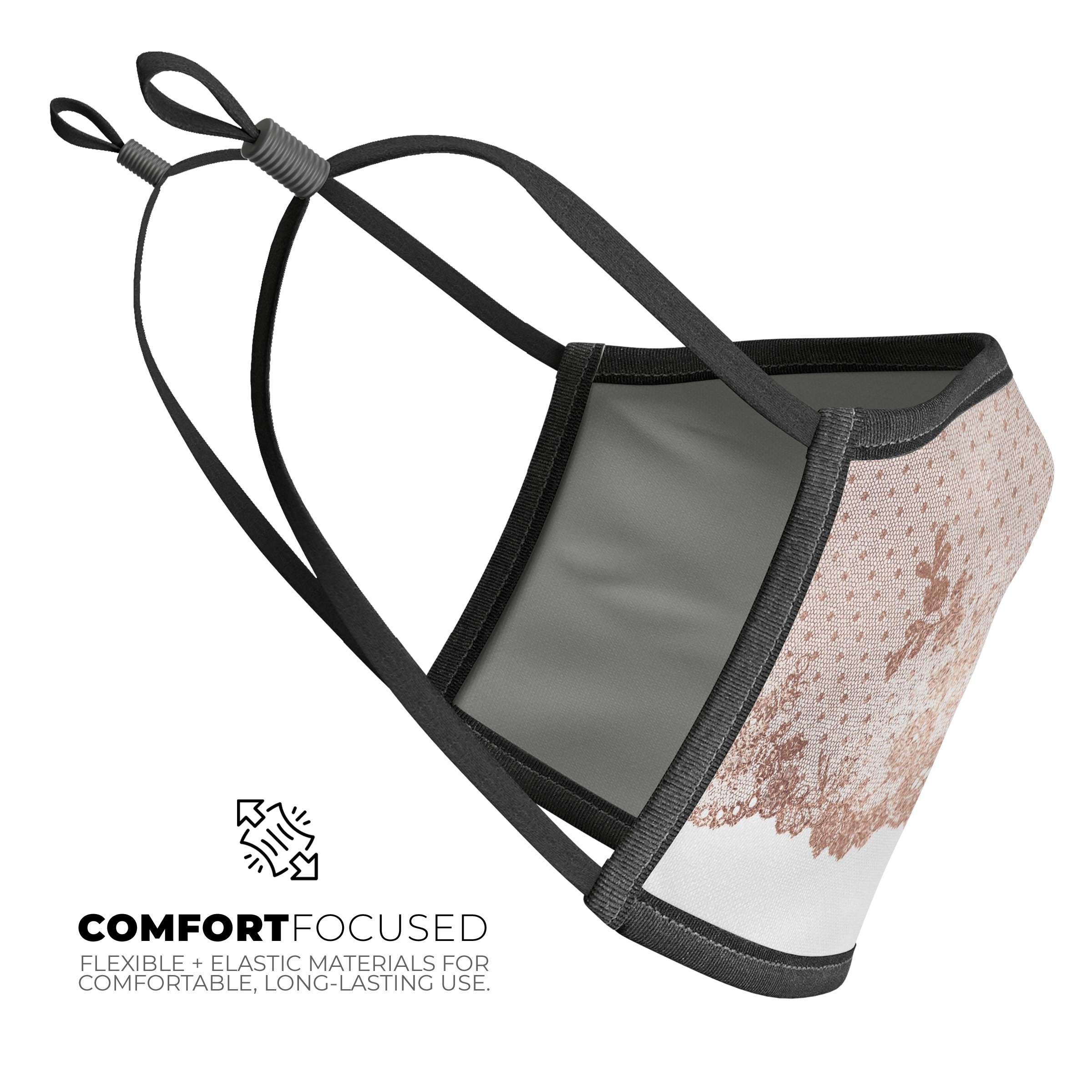 Rose Gold Lace Pattern 6 Mouth Cover, unisex anti-dust mask made in the USA, featuring adjustable ear-loops and a comfortable cotton interior.