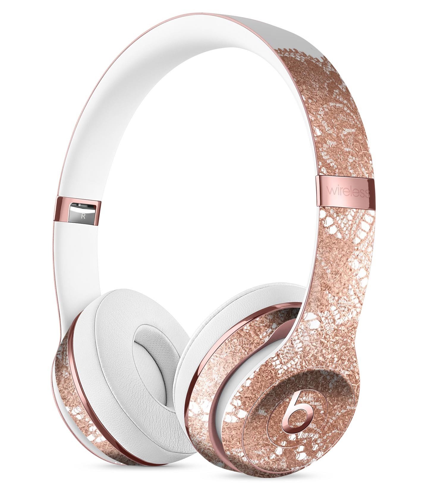 Rose Gold Lace Pattern Skin Kit for Beats by Dre Solo 3 Wireless Headphones, showcasing intricate lace design and premium vinyl material.