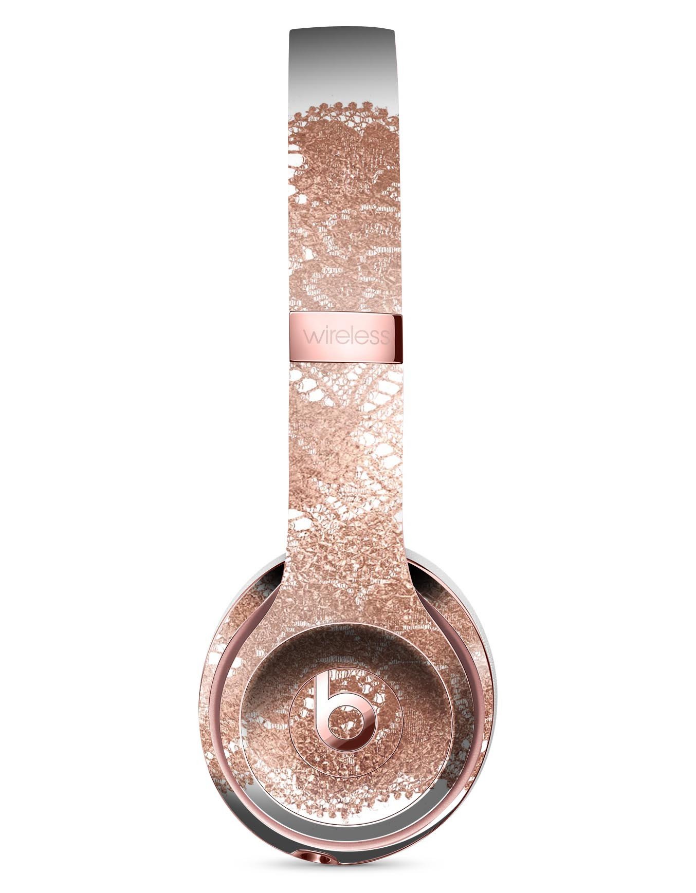 Rose Gold Lace Pattern Skin Kit for Beats by Dre Solo 3 Wireless Headphones, showcasing intricate lace design and premium vinyl material.