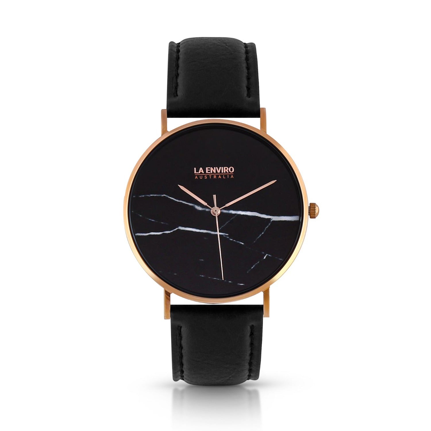 Rose Gold Marble Watch featuring a black pineapple leather strap, showcasing a 40 MM marble black dial and surgical grade stainless steel case.