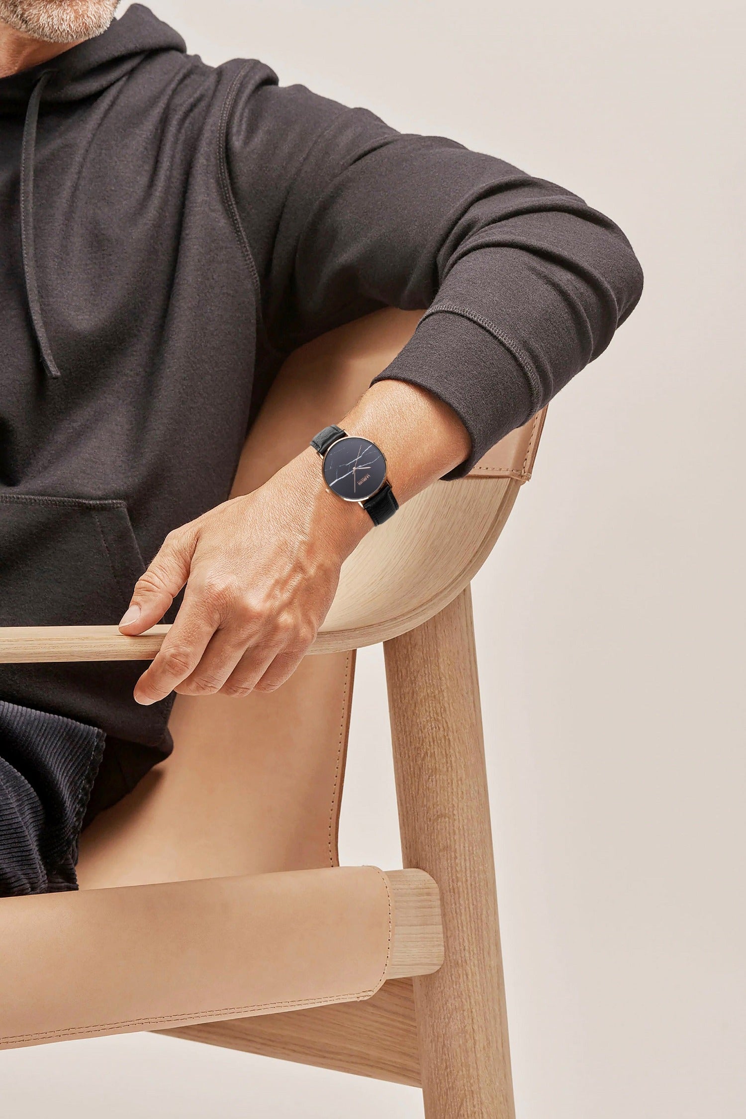 Rose Gold Marble Watch featuring a black pineapple leather strap, showcasing a 40 MM marble black dial and surgical grade stainless steel case.