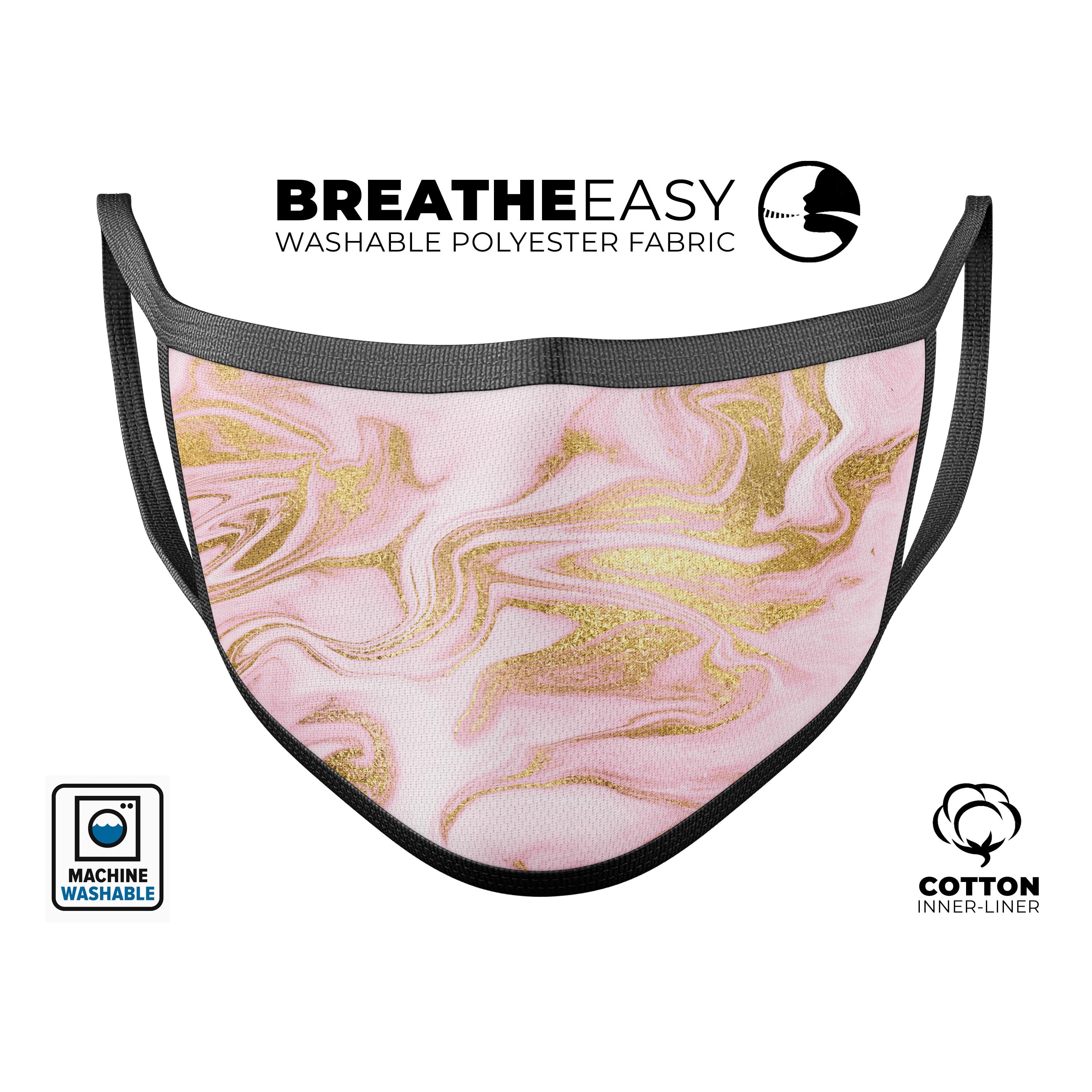 Rose Pink Marble & Digital Gold Frosted Foil V11 face mask, showcasing a stylish design with adjustable ear loops.