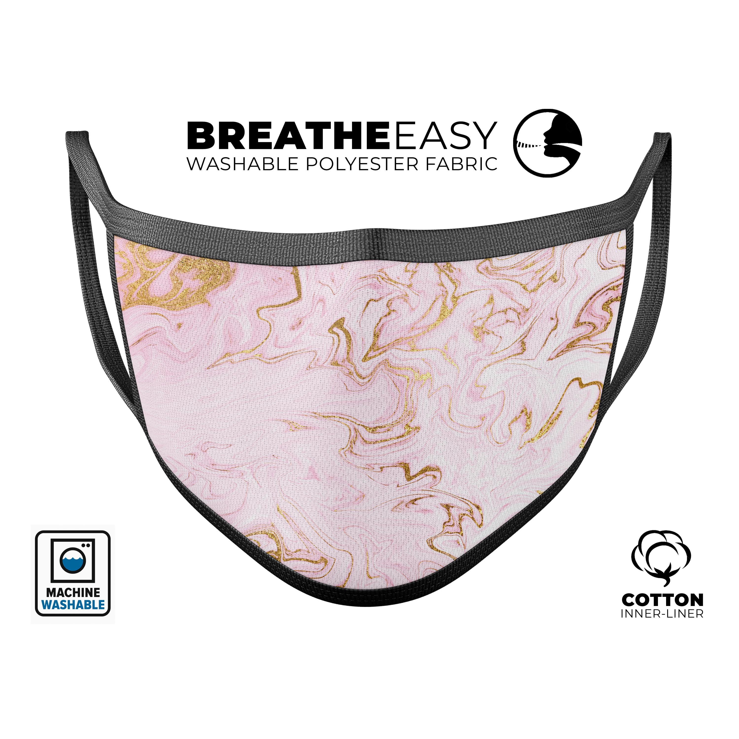 Rose Pink Marble & Digital Gold Frosted Foil V13 reusable face mask, showcasing vibrant colors and adjustable ear loops for a comfortable fit.