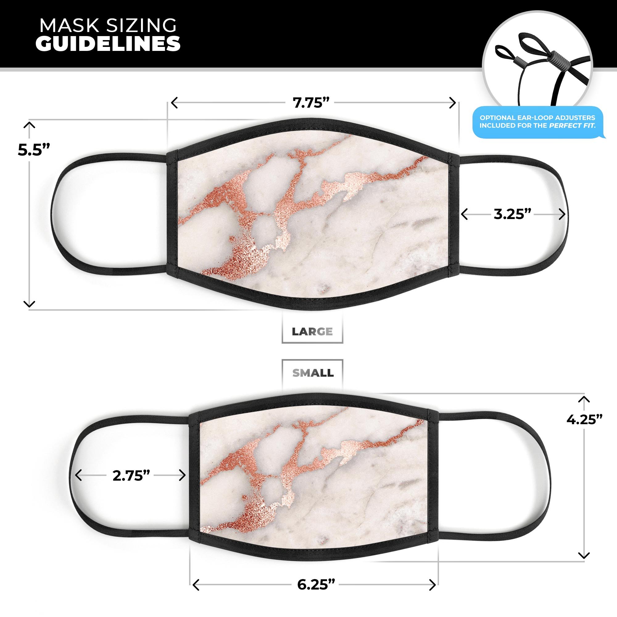 Rose Pink Marble & Digital Gold Frosted Foil V2 reusable face mask with adjustable ear-loops, made in the USA.
