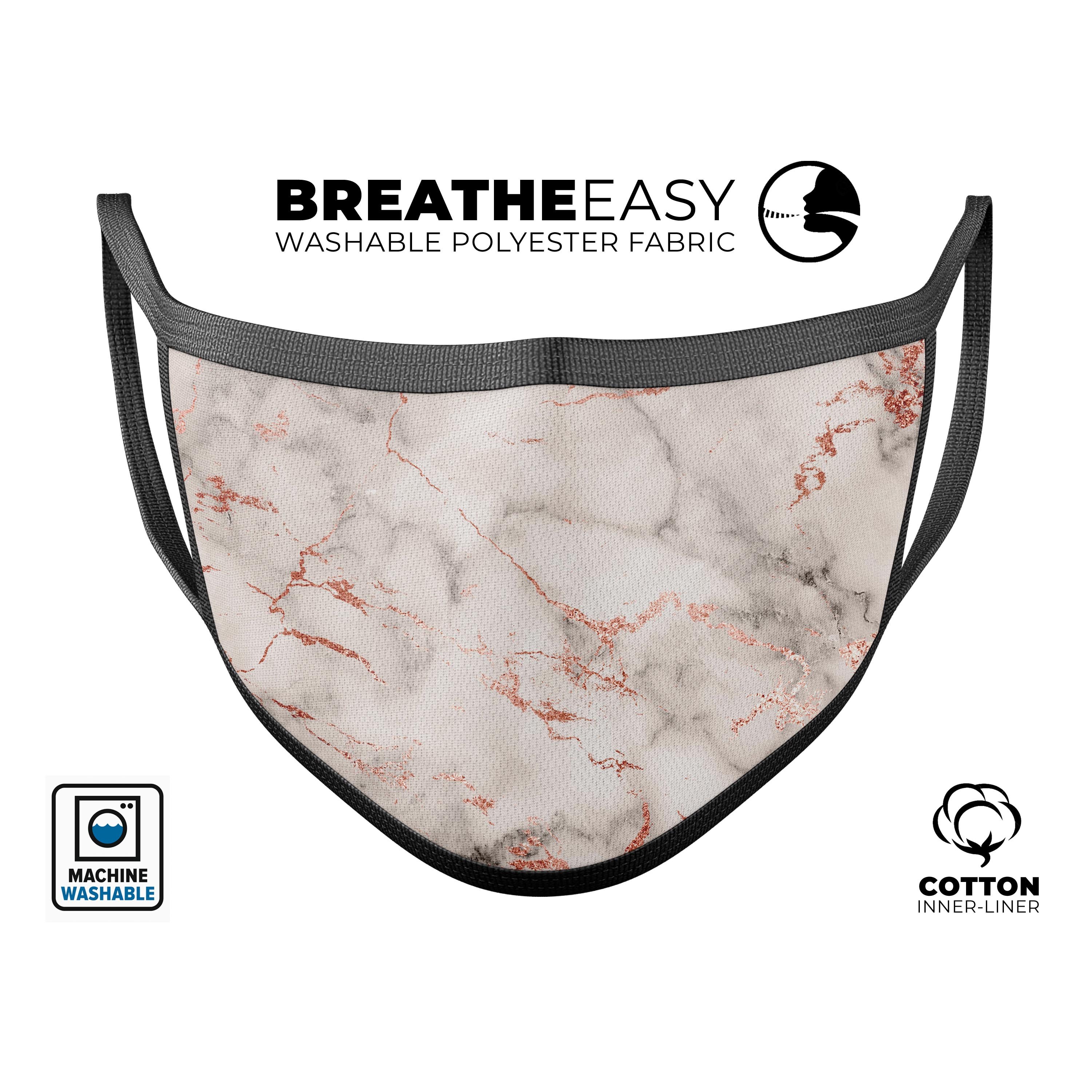 Rose Pink Marble & Digital Gold Frosted Foil V4 face mask, showcasing vibrant colors and adjustable ear loops for a perfect fit.