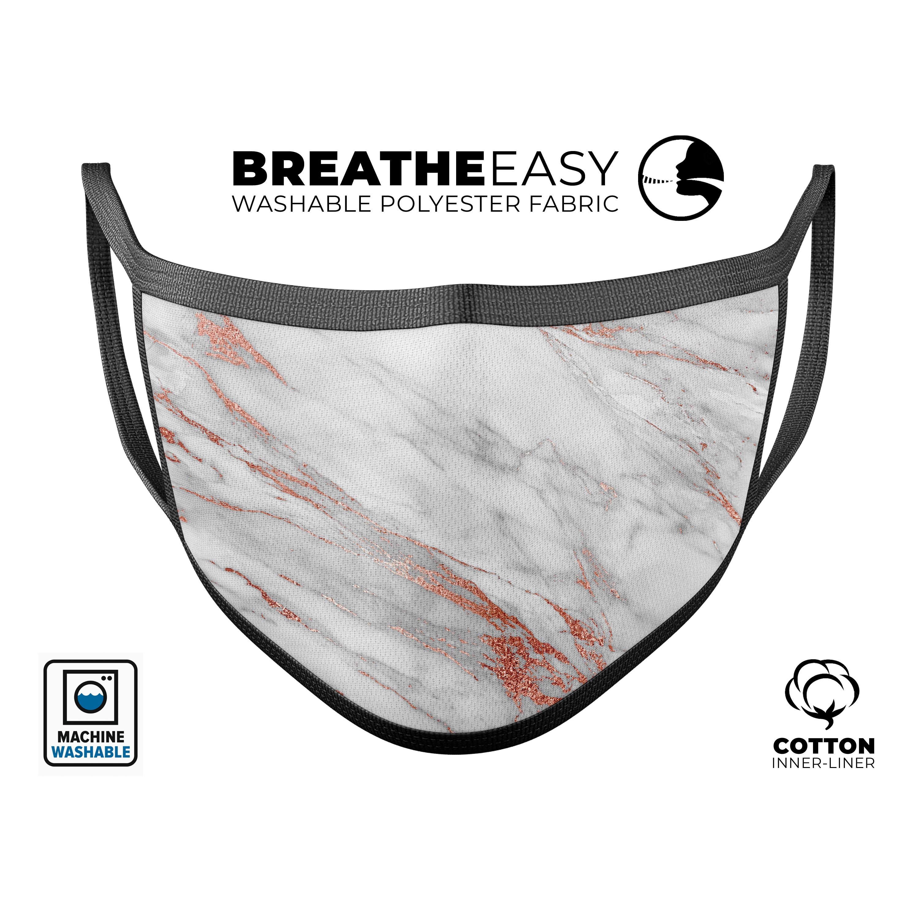 Rose Pink Marble & Digital Gold Frosted Foil V7 reusable face mask with adjustable ear loops, showcasing vibrant colors and a comfortable cotton interior.