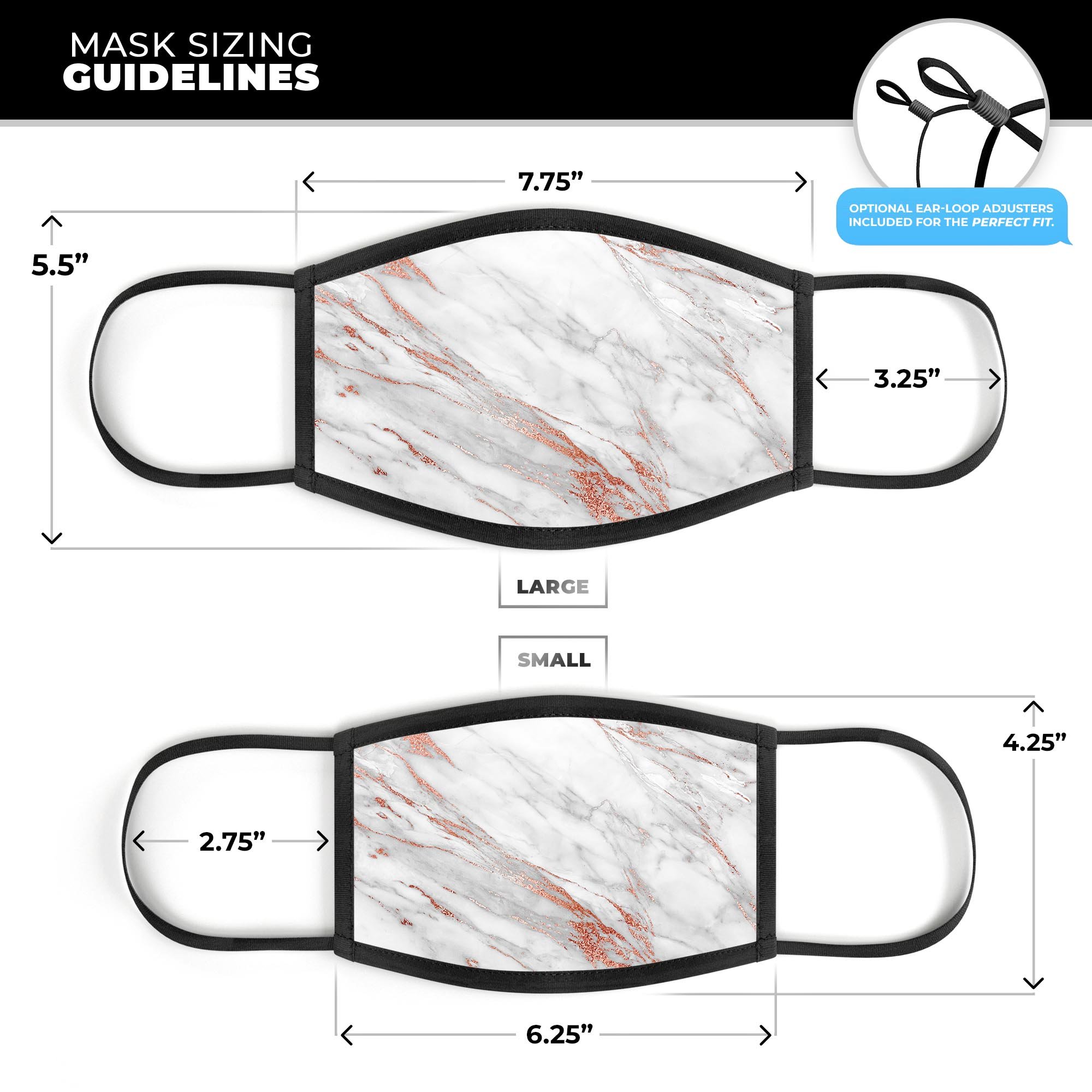 Rose Pink Marble & Digital Gold Frosted Foil V7 reusable face mask with adjustable ear loops, showcasing vibrant colors and a comfortable cotton interior.
