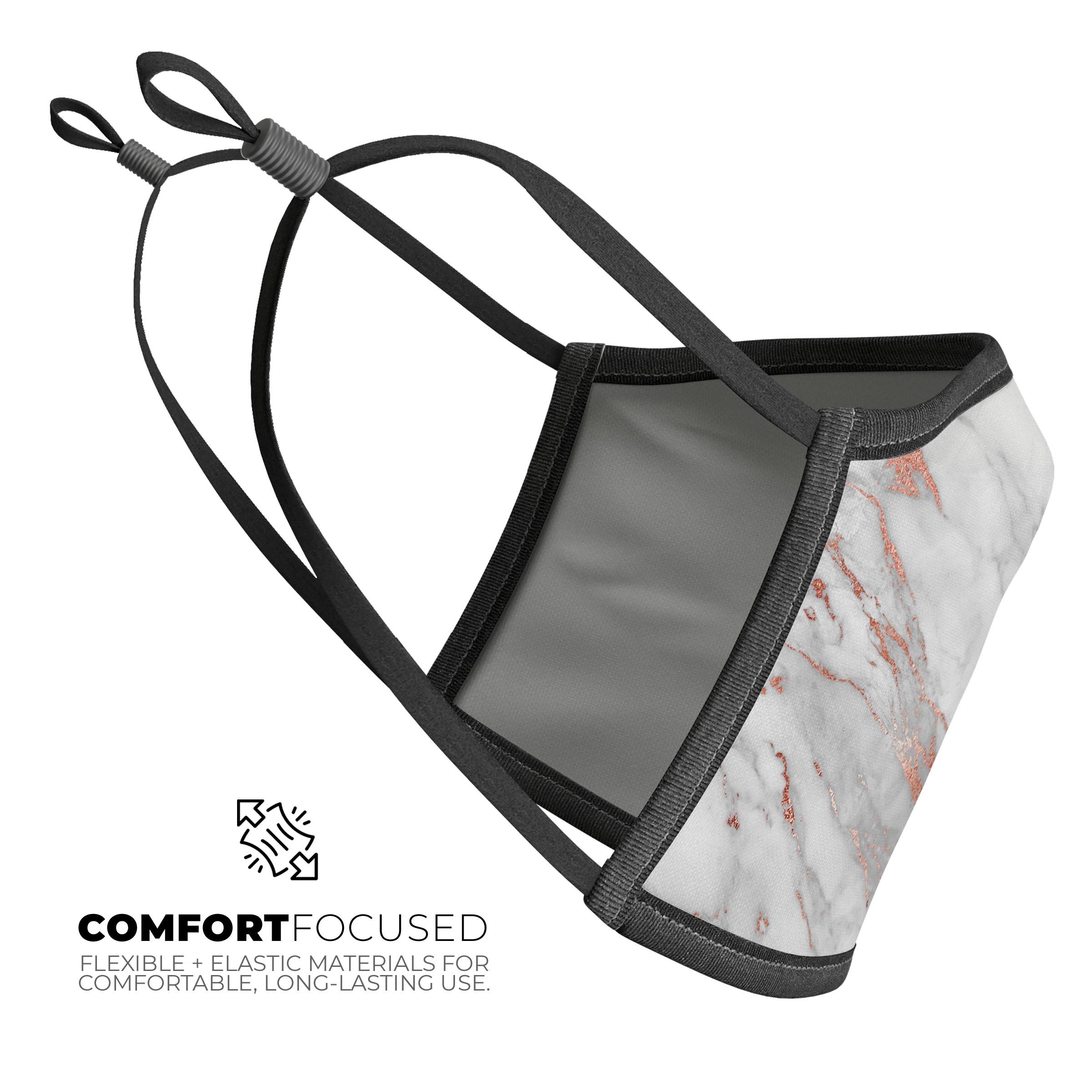 Rose Pink Marble & Digital Gold Frosted Foil V7 reusable face mask with adjustable ear loops, showcasing vibrant colors and a comfortable cotton interior.