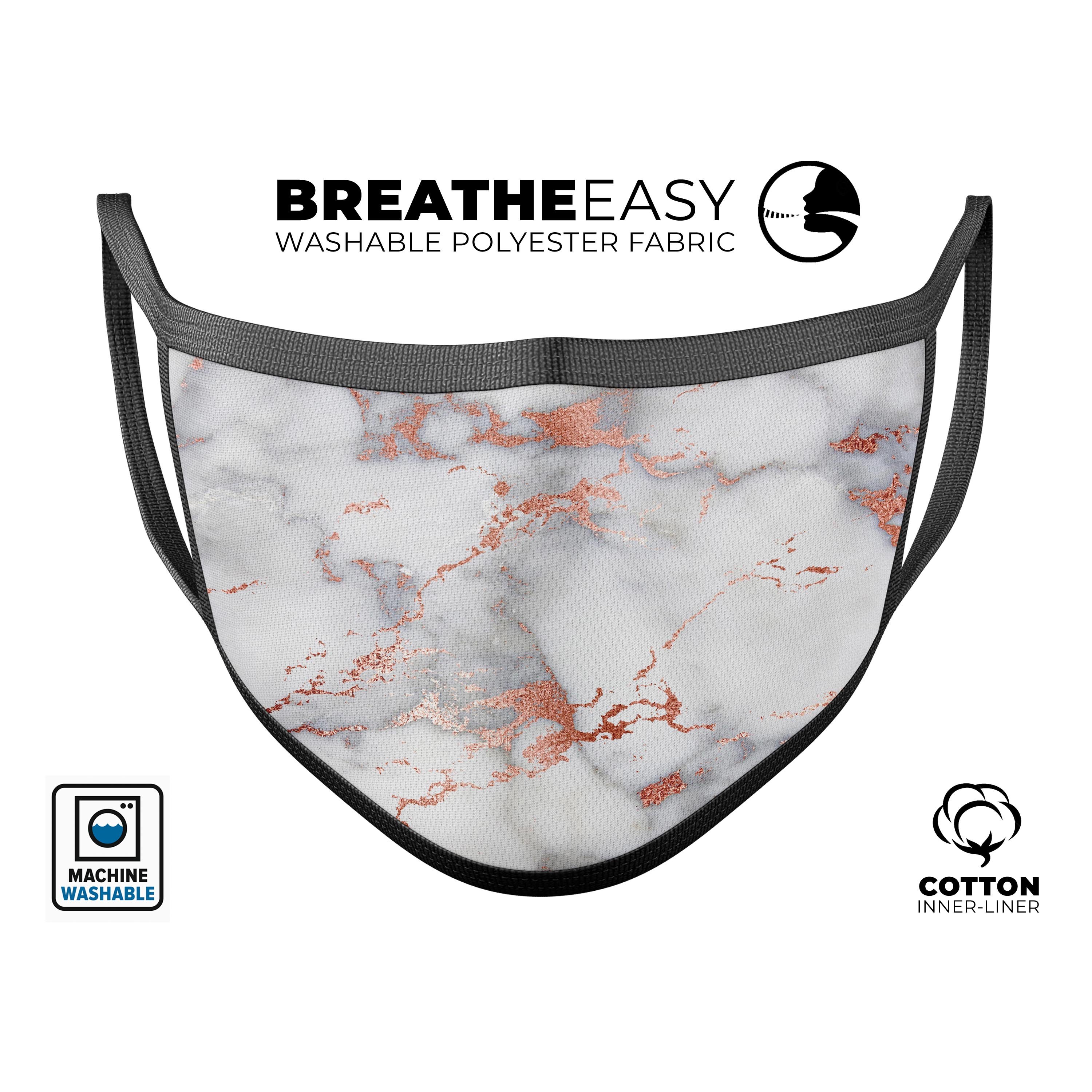 Rose Pink Marble & Digital Gold Frosted Foil V9 face mask, showcasing vibrant colors and a comfortable design.