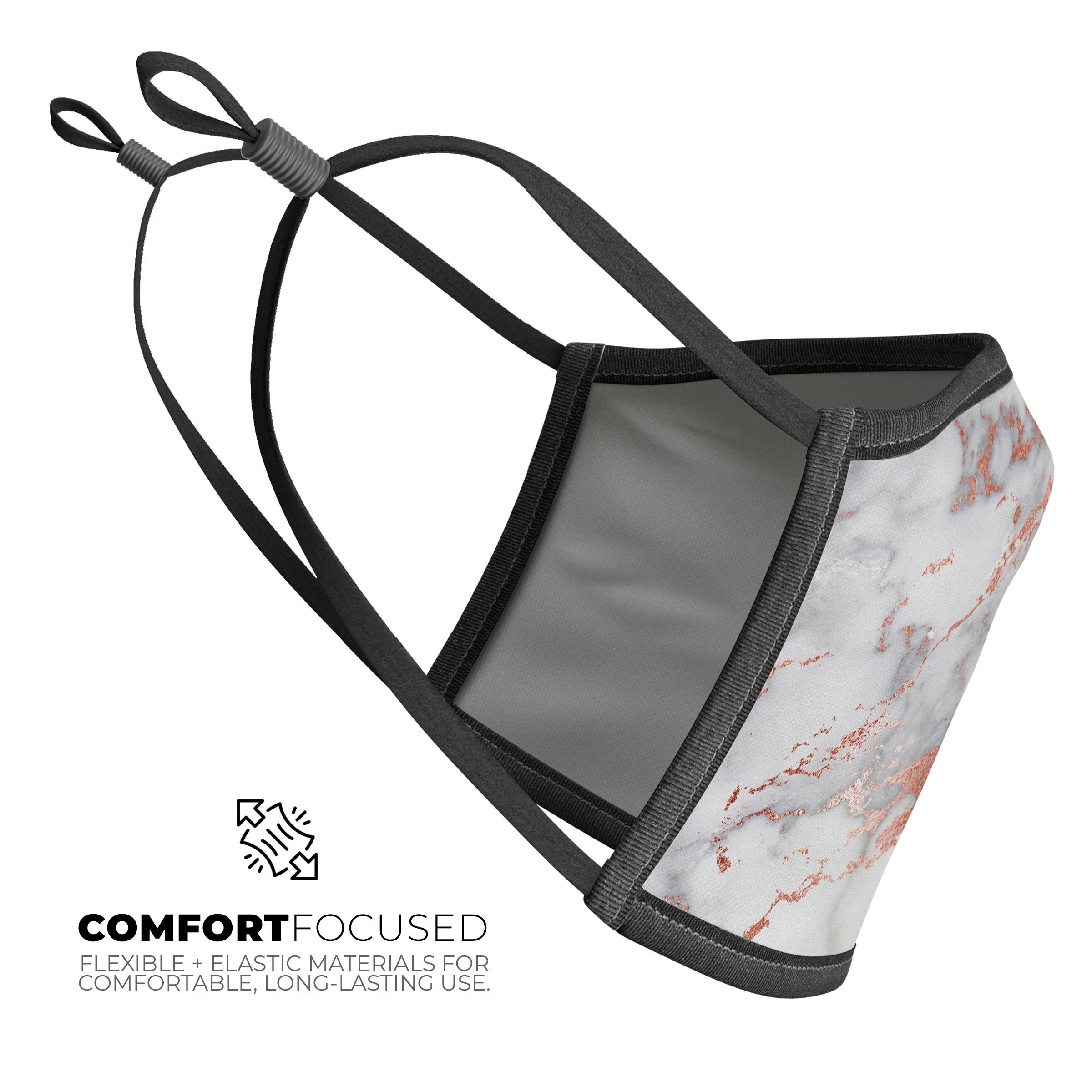 Rose Pink Marble & Digital Gold Frosted Foil V9 face mask, showcasing vibrant colors and a comfortable design.