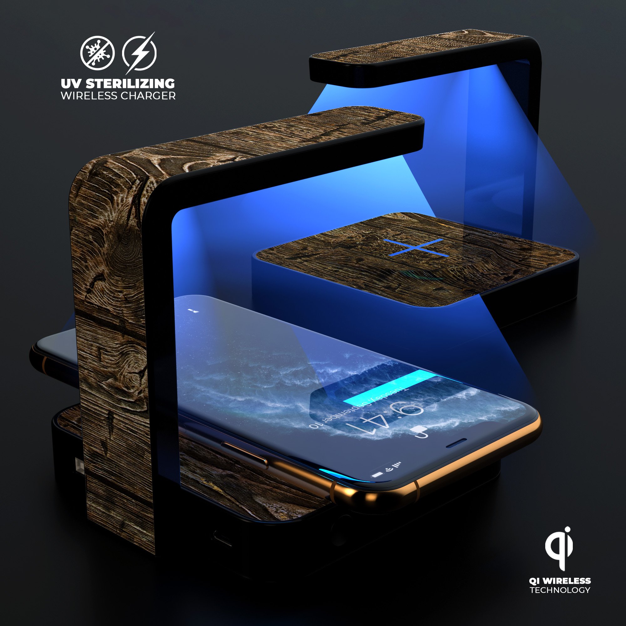 Rough textured dark wooden planks UV germicidal sanitizing wireless charger with phone placed on it, showcasing its sleek design and functionality.