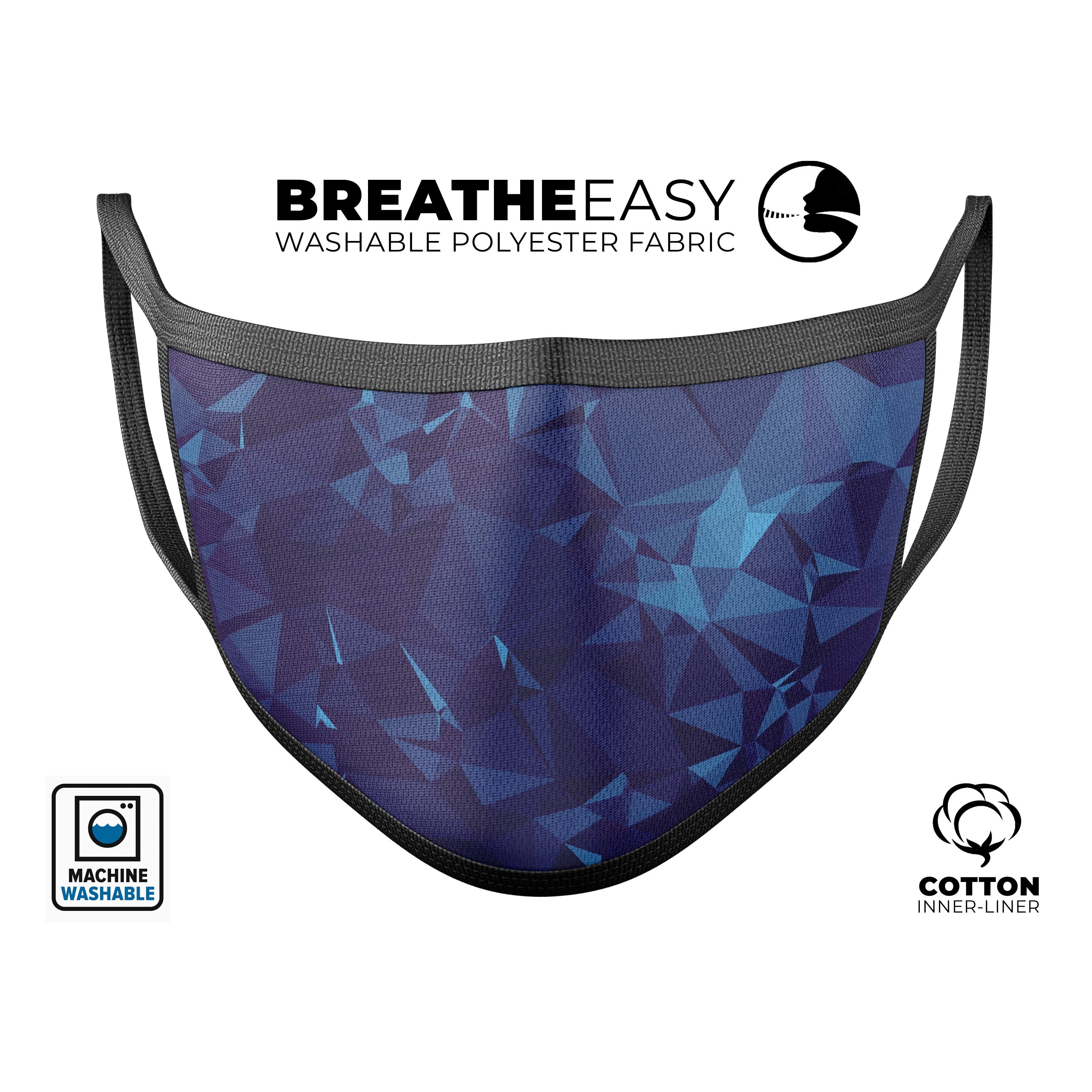 Royal Blue Abstract Geometric Shapes mouth cover, showcasing vibrant colors and adjustable ear loops for a comfortable fit.